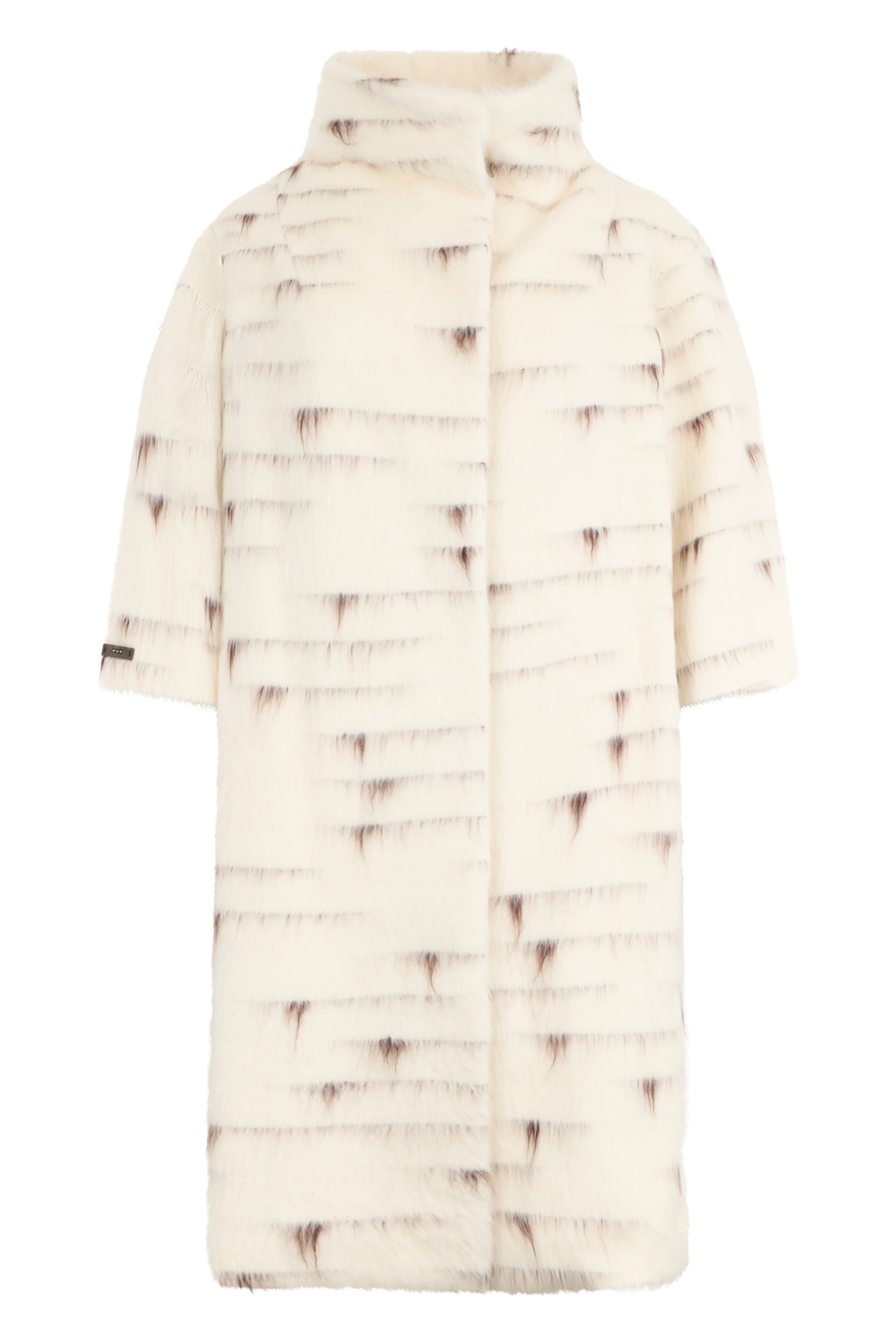 Long coat to the knee in cream white color with brown pattern, elegant and versatile.