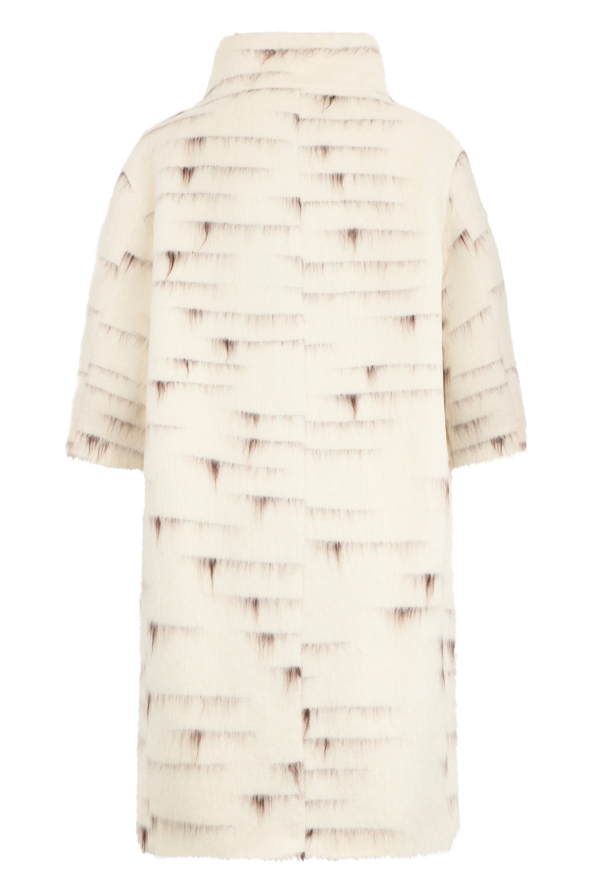 Long coat to the knee in cream white color with brown pattern, elegant and versatile.