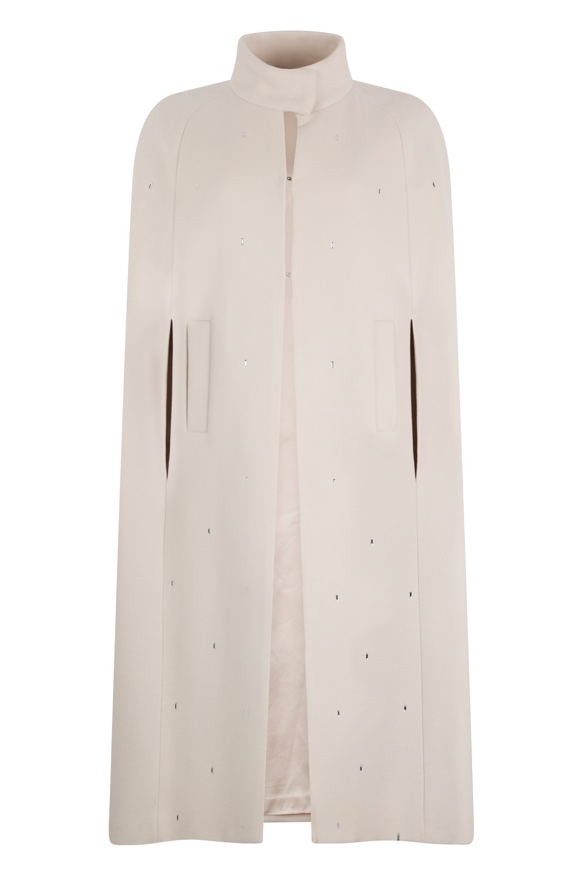 Elegant sand-colored cloak with hook closure and high collar.