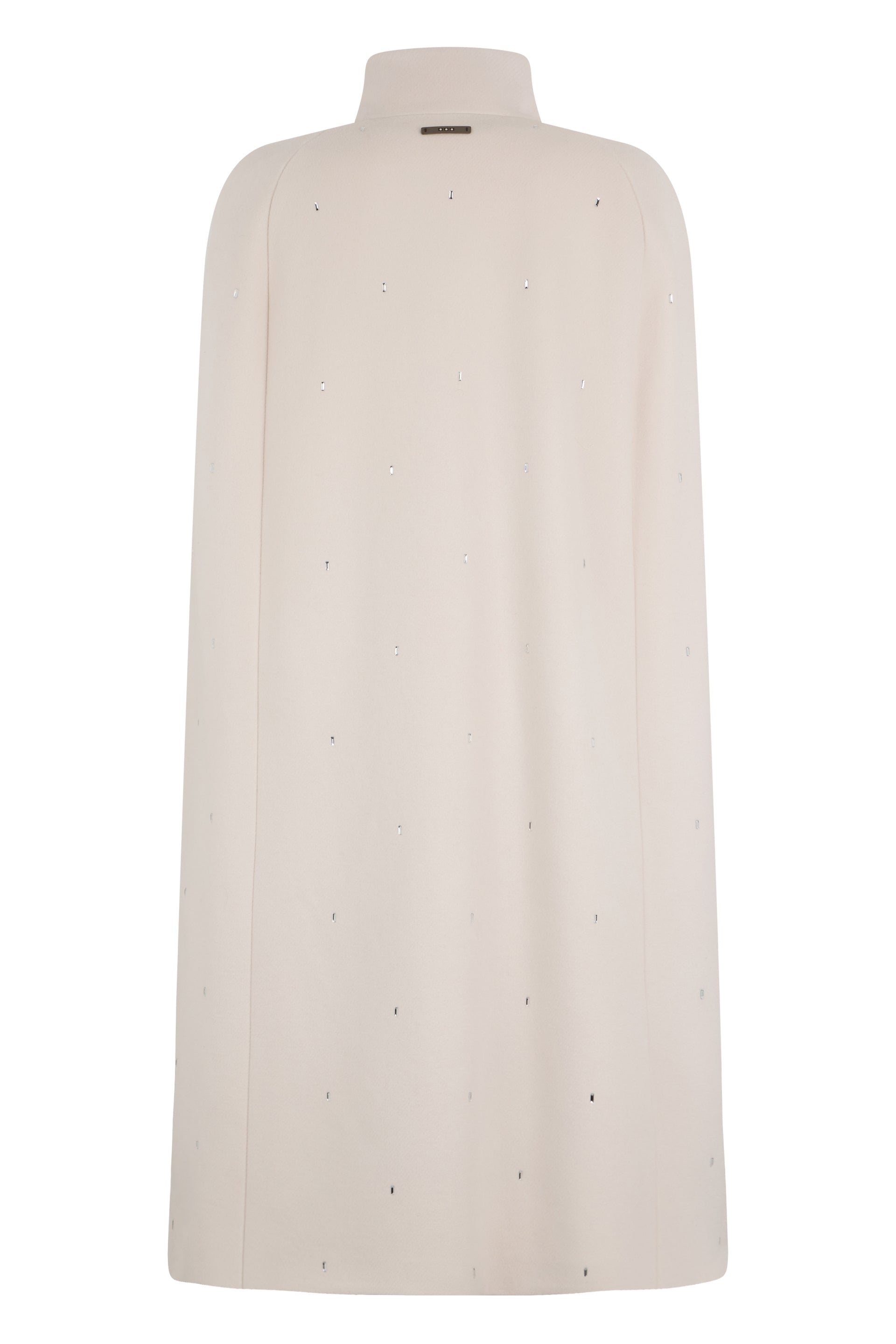 Elegant sand-colored cloak with hook closure and high collar.