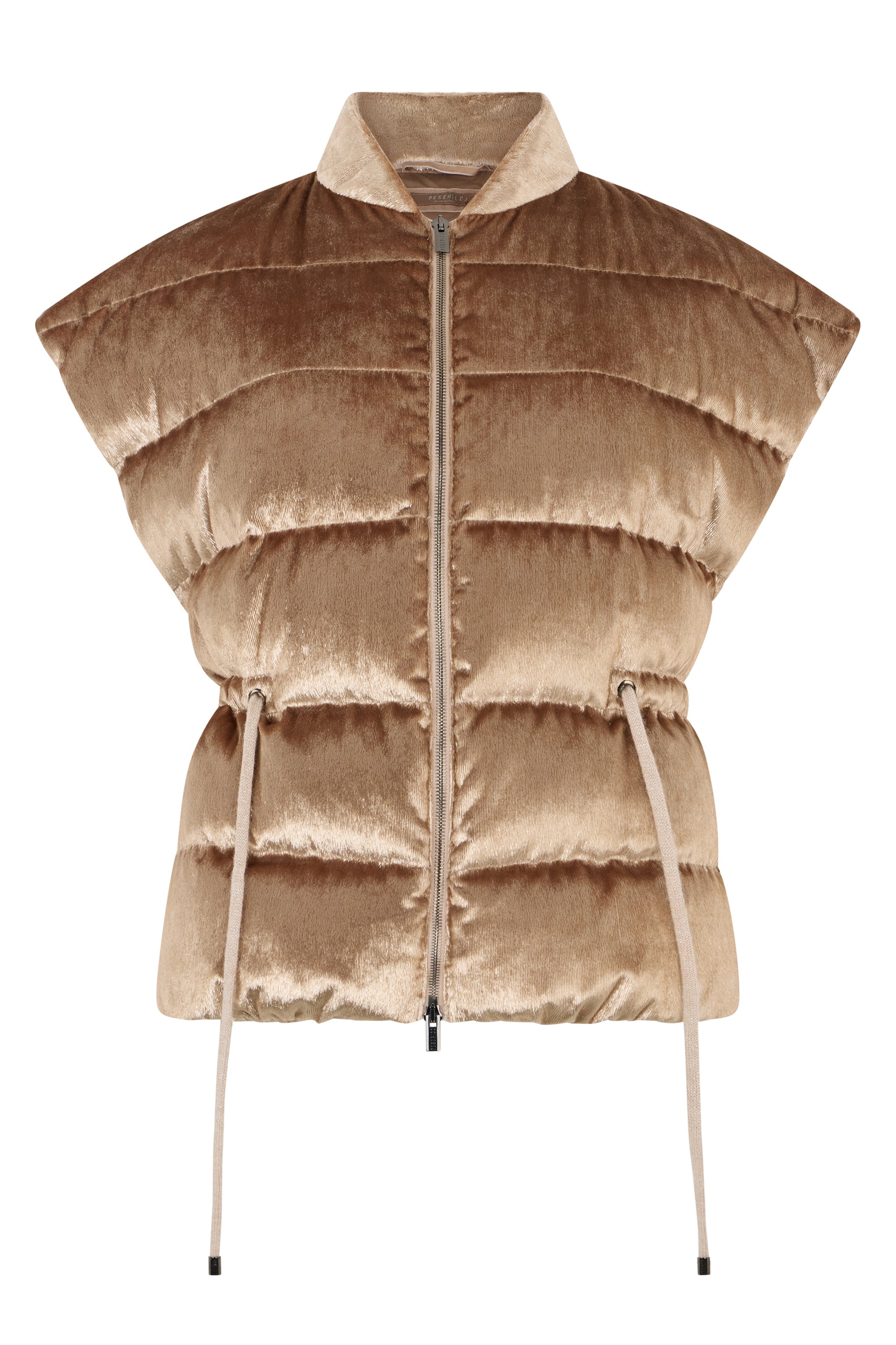 Sleeveless beige jacket with high collar.