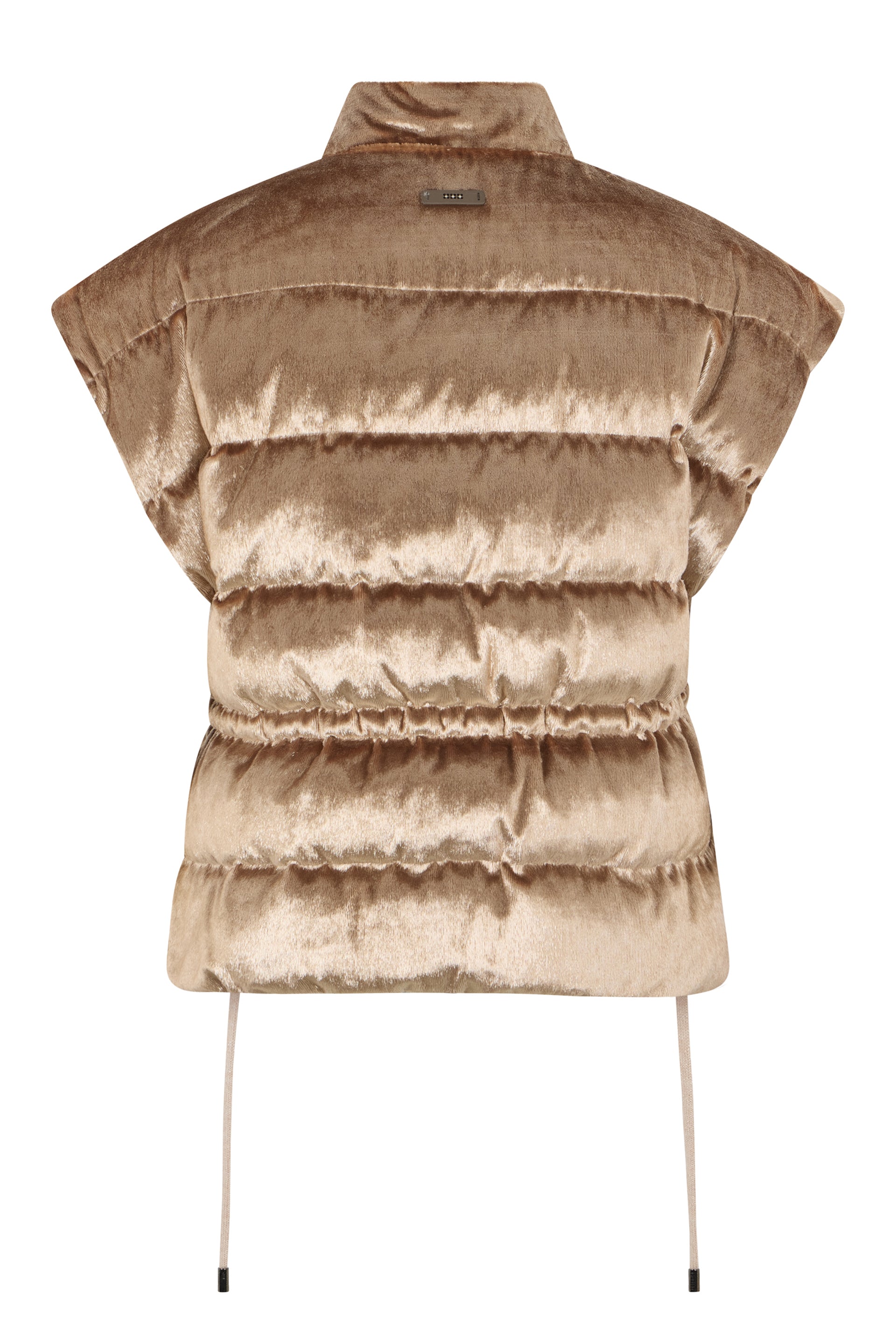Sleeveless beige jacket with high collar.