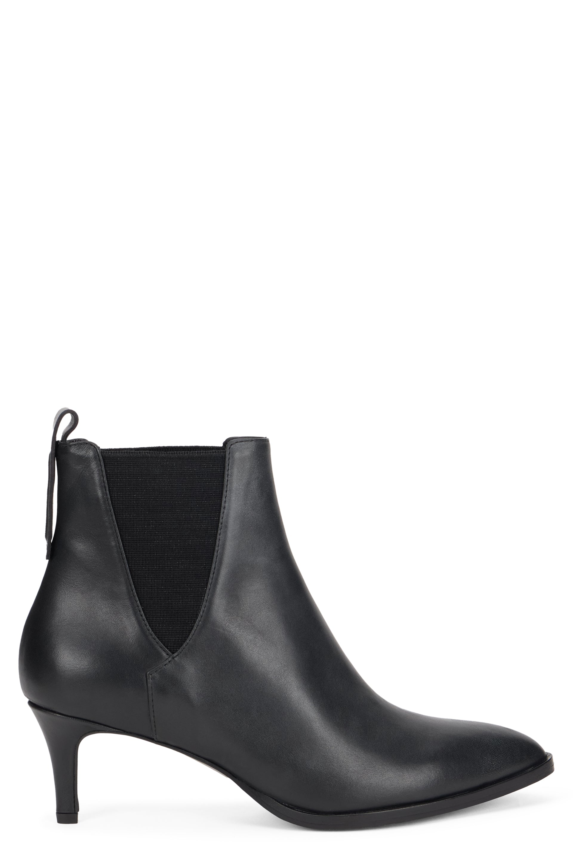 Black ankle boot with elastic insert and heel.