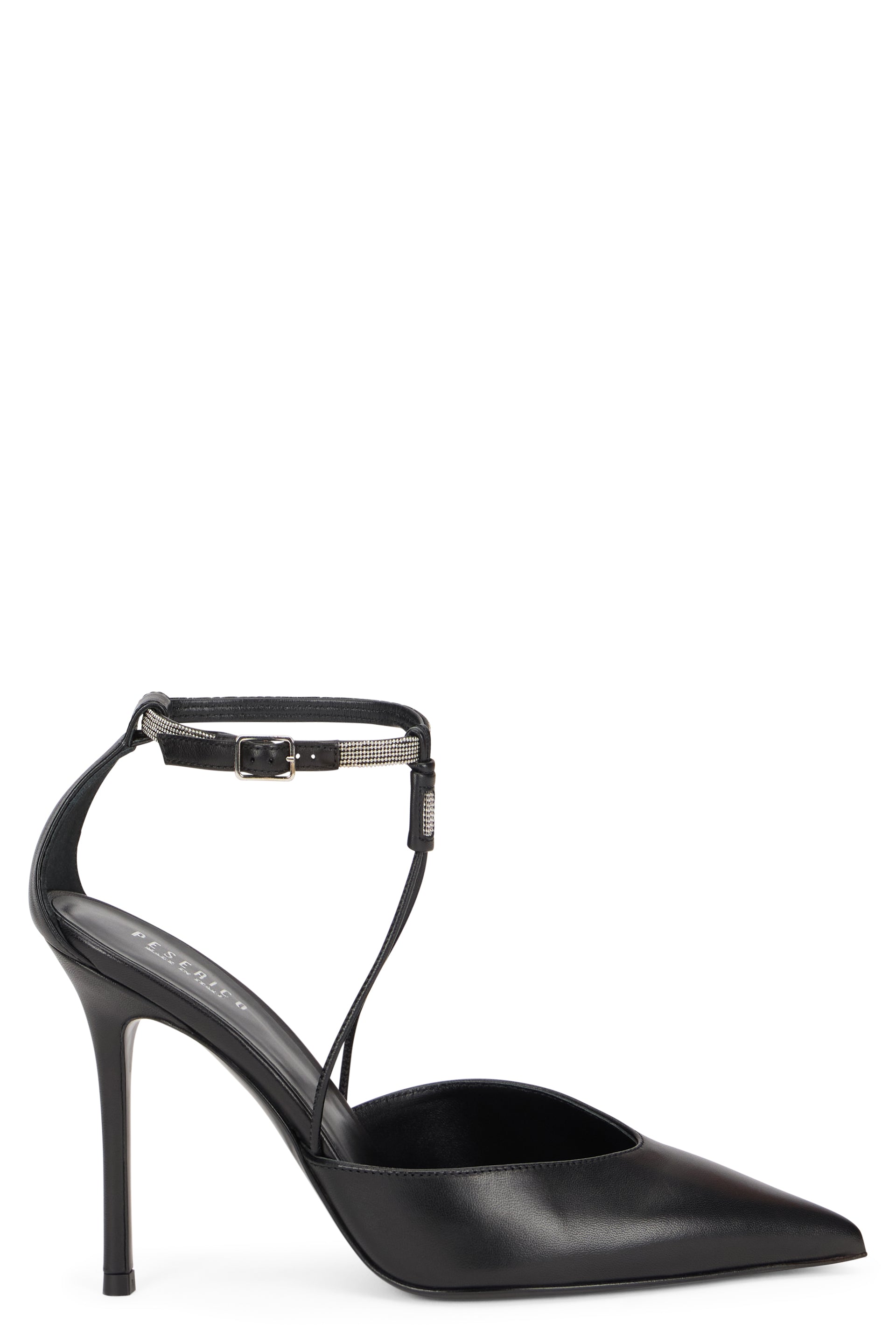 Elegant black shoe with stiletto heel.