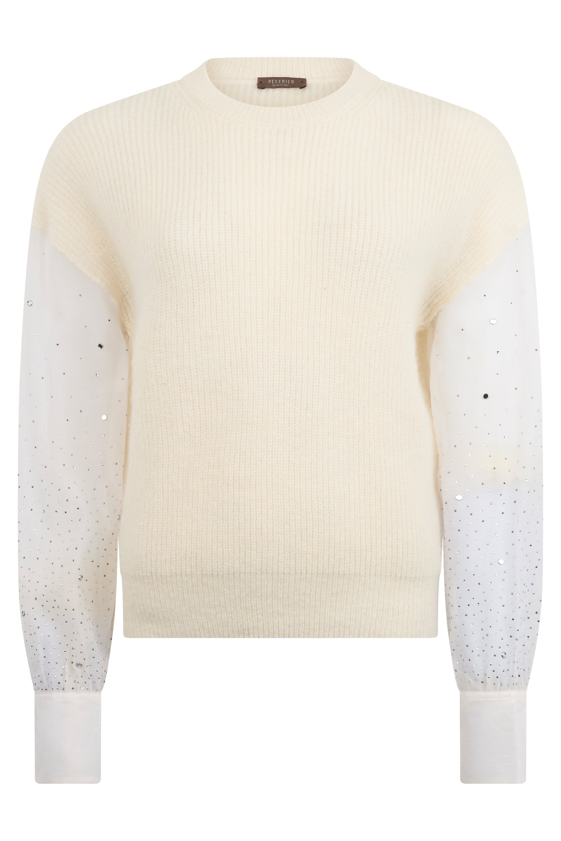 Elegant white cream sweater with shirt style sleeves decorated with light spots.