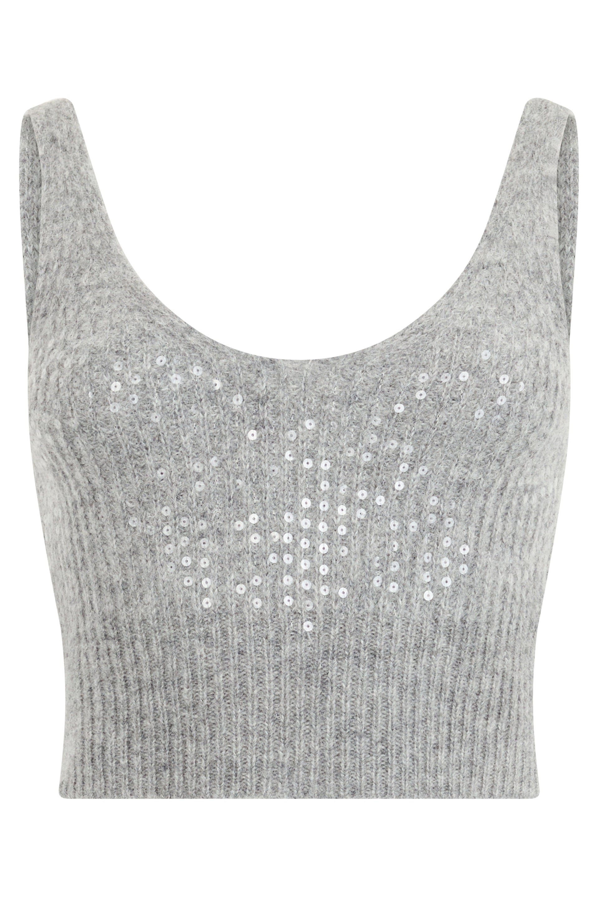 Top cropped gray mélange sleeveless, embellished with sequins that give style and elegance.