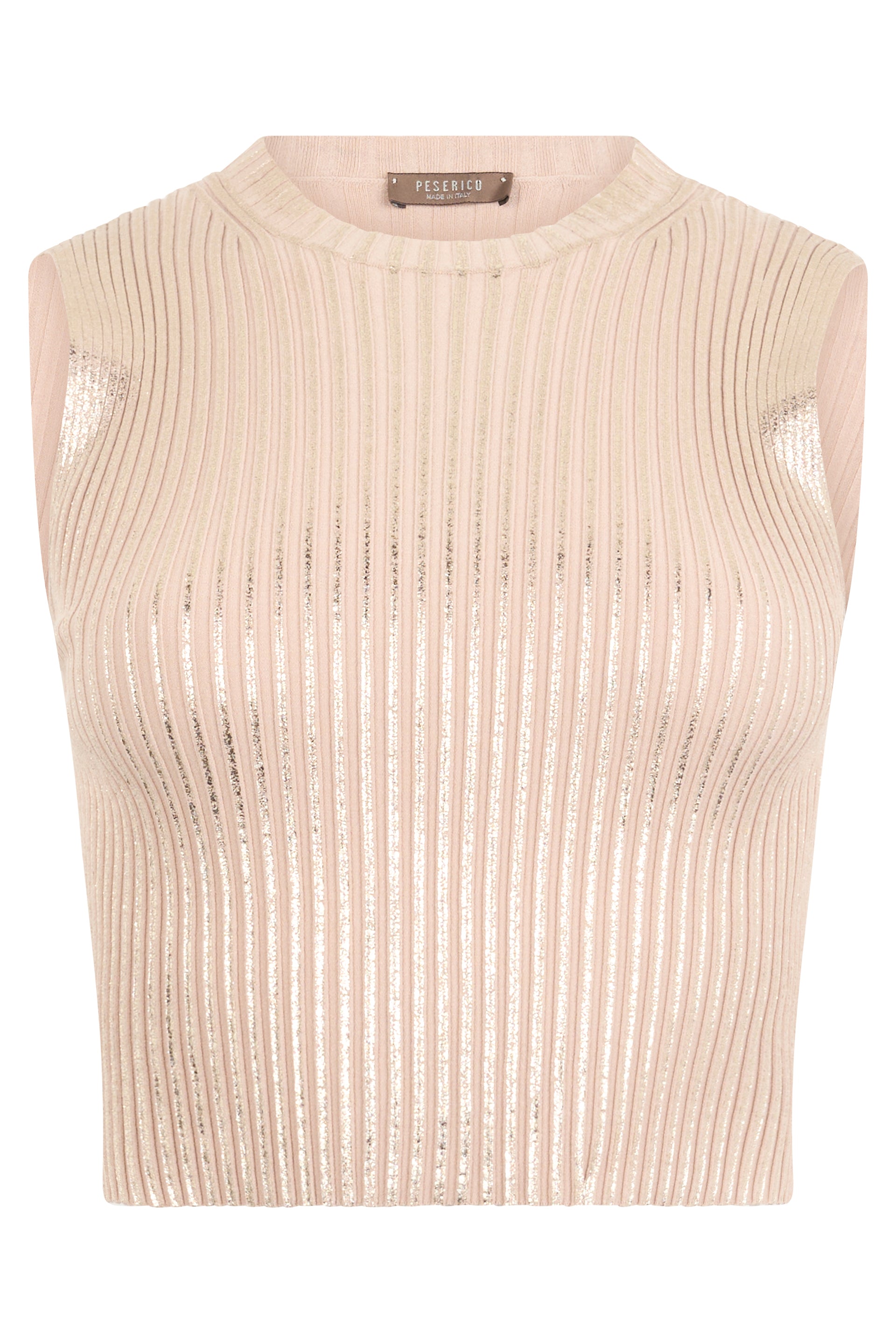 Sleeveless beige top with metallic print from elegant and versatile design.
