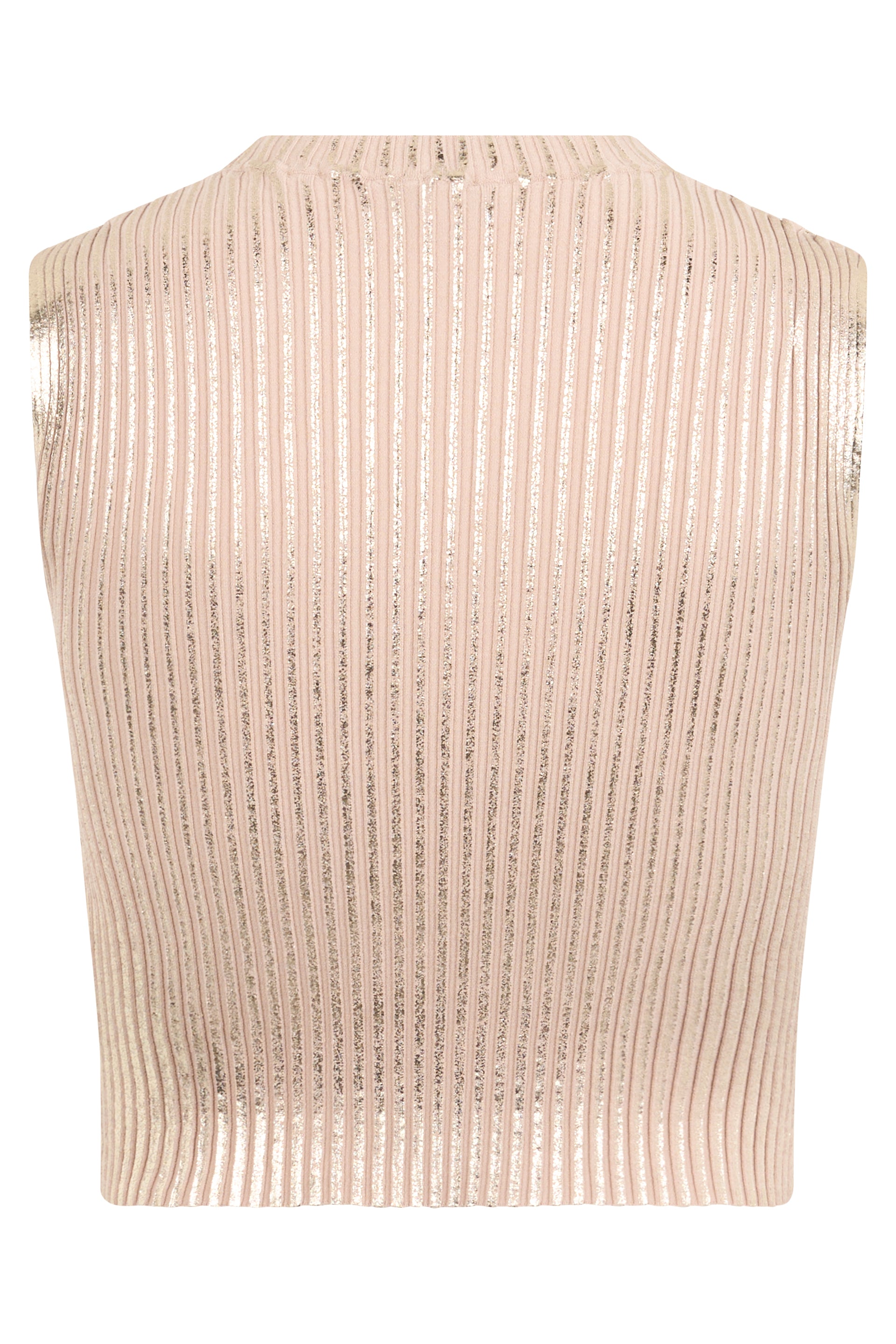 Sleeveless beige top with metallic print from elegant and versatile design.