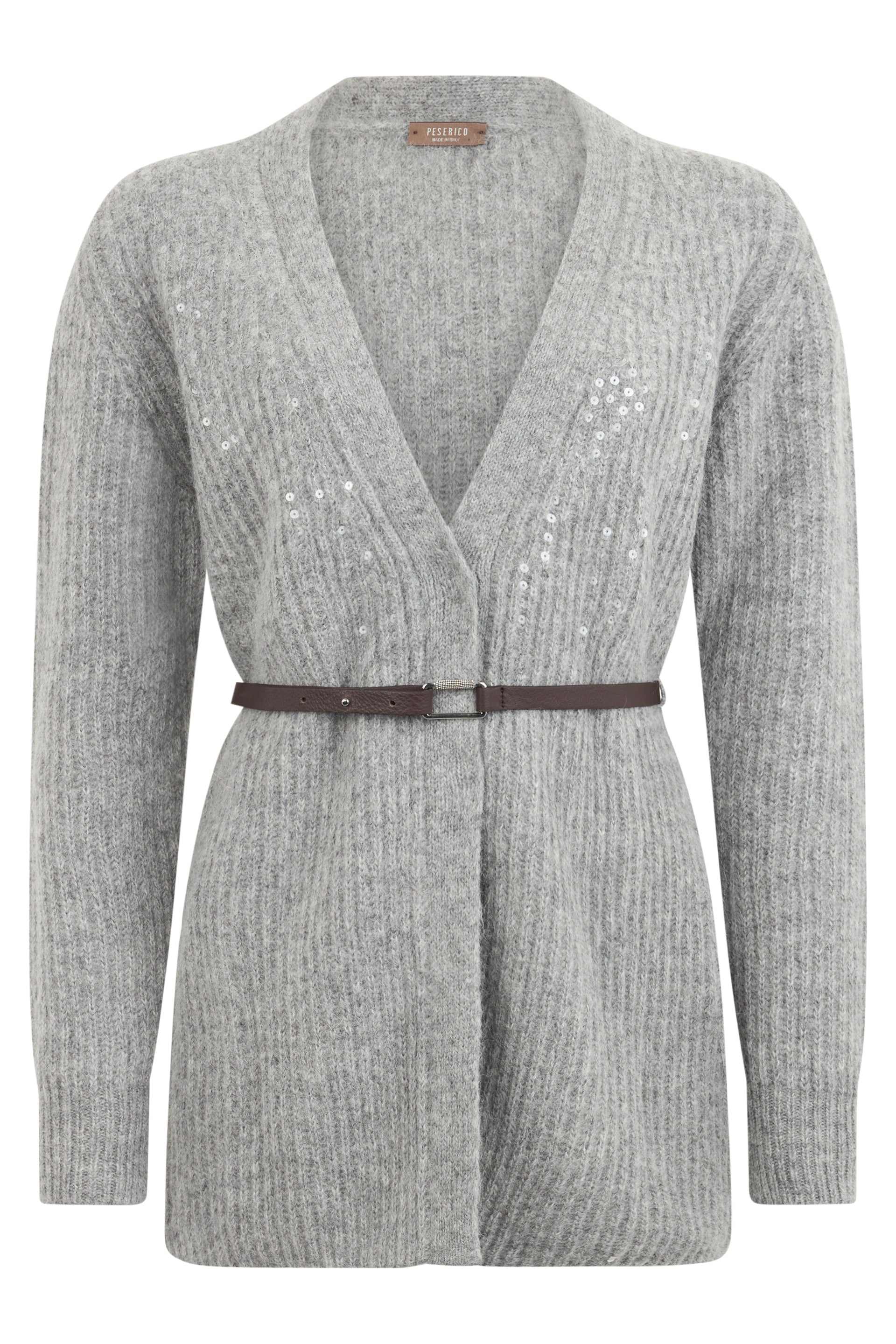 Gray cardigan with brown belt from minimal and elegant design.