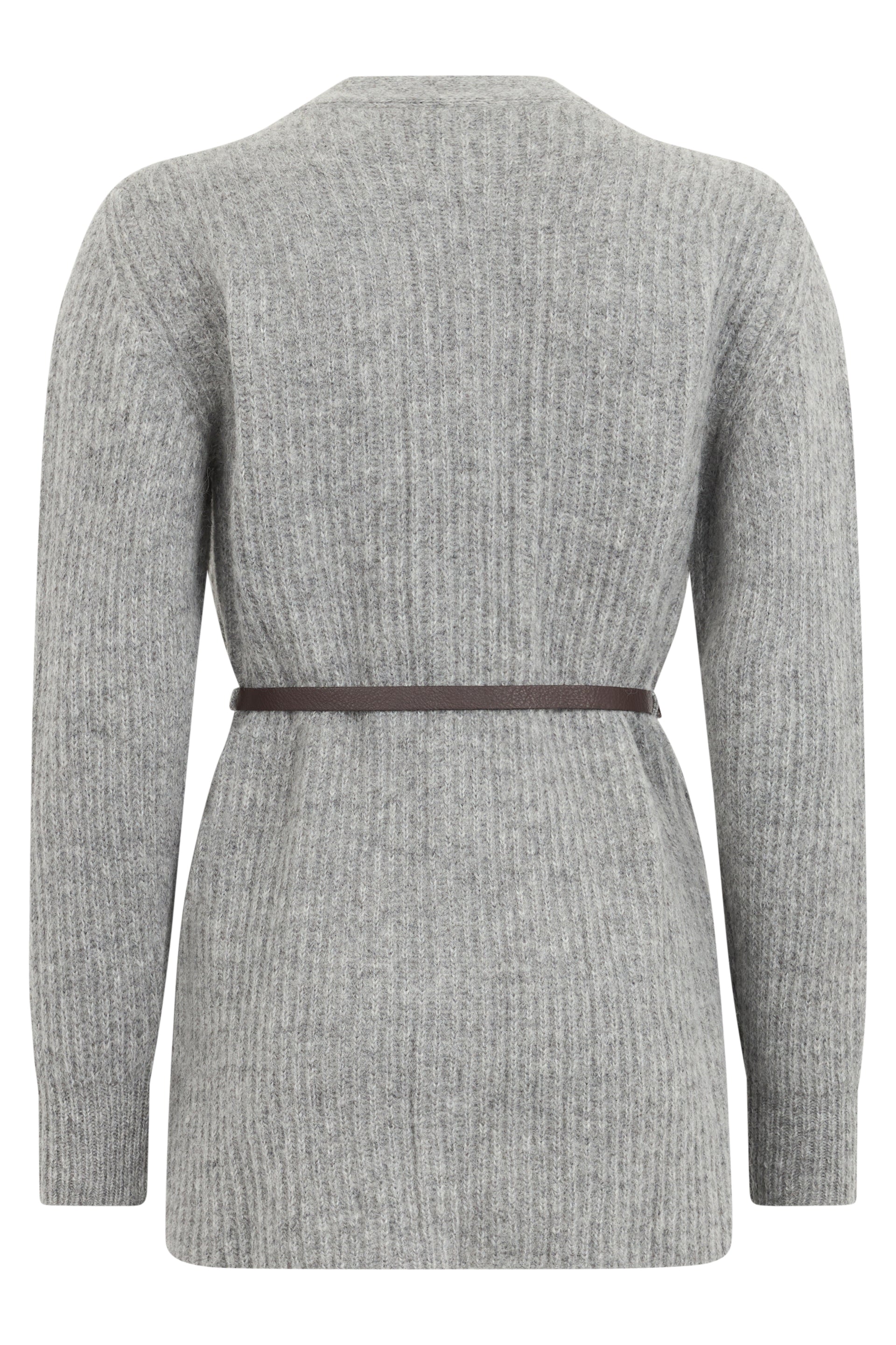 Gray cardigan with brown belt from minimal and elegant design.