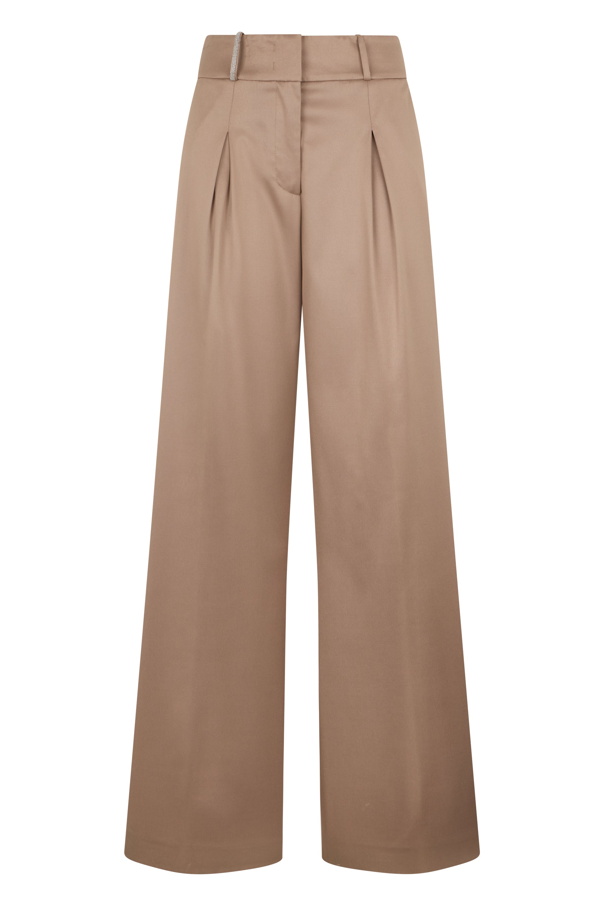 Loose beige pants with a high waist and elegant design.