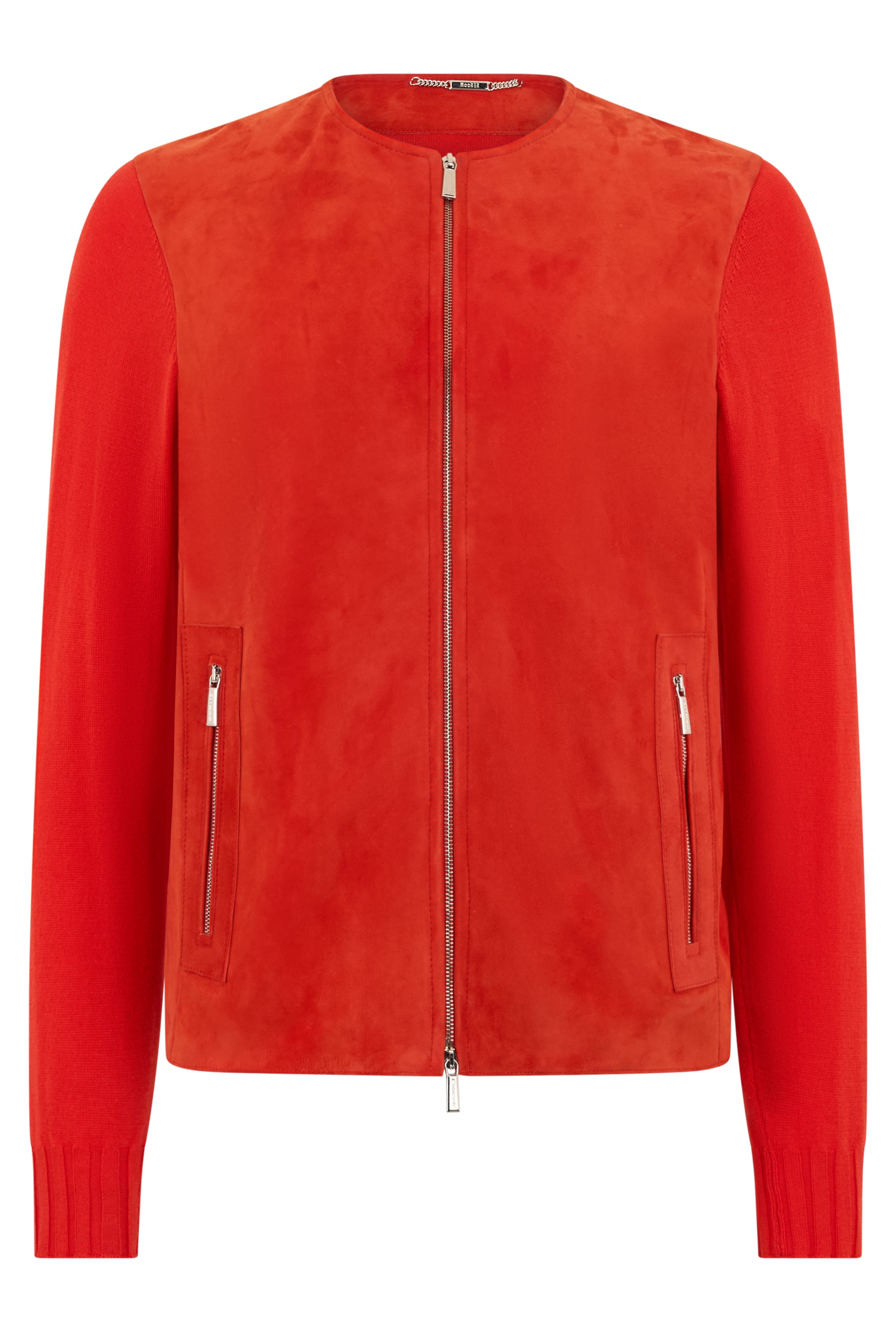 Elegant red jacket with zip and side pockets.