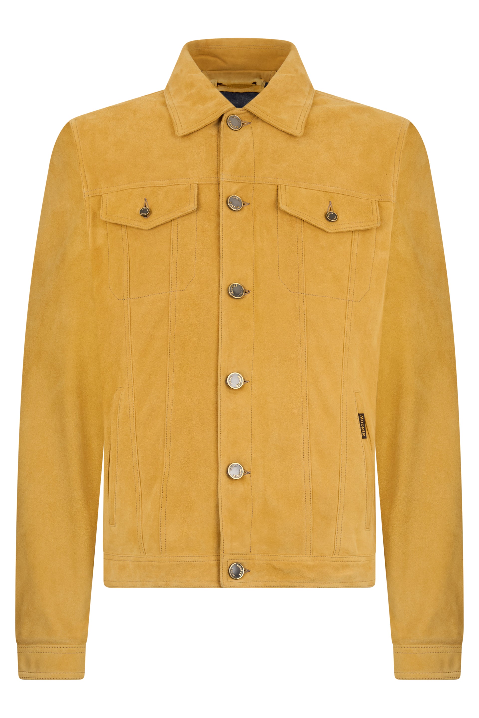 Mustard yellow suede jacket, classic versatile.