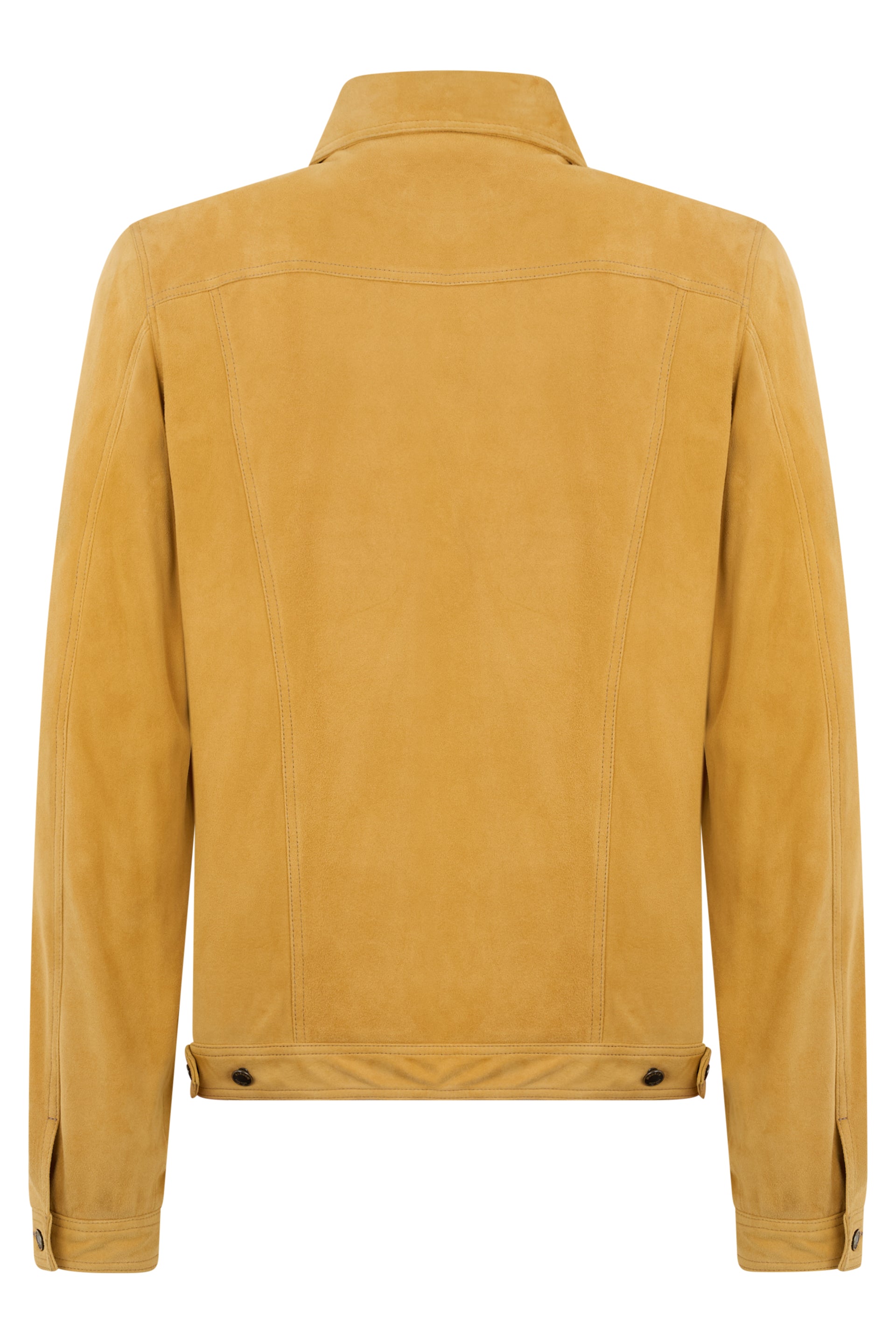 Mustard yellow suede jacket, classic versatile.