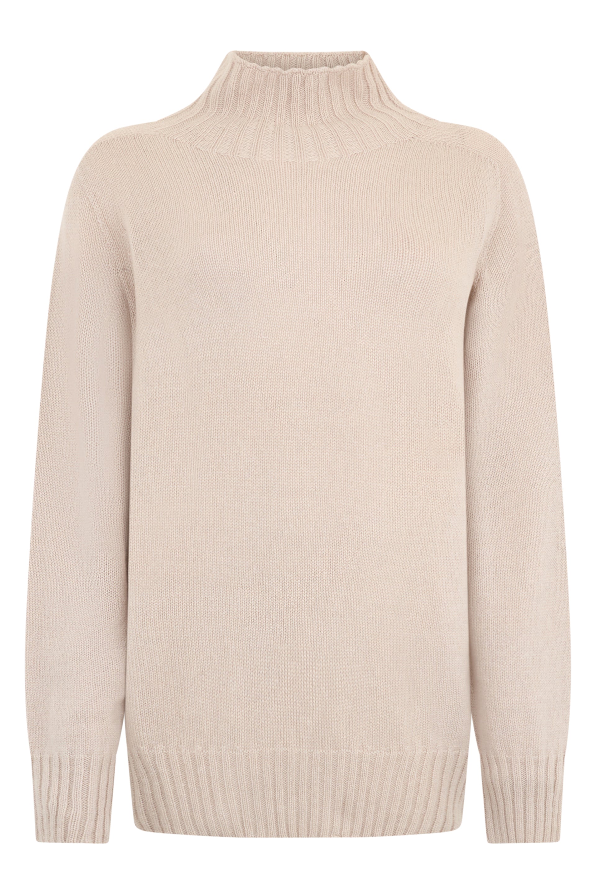Elegant sand-colored sweater with high collar.