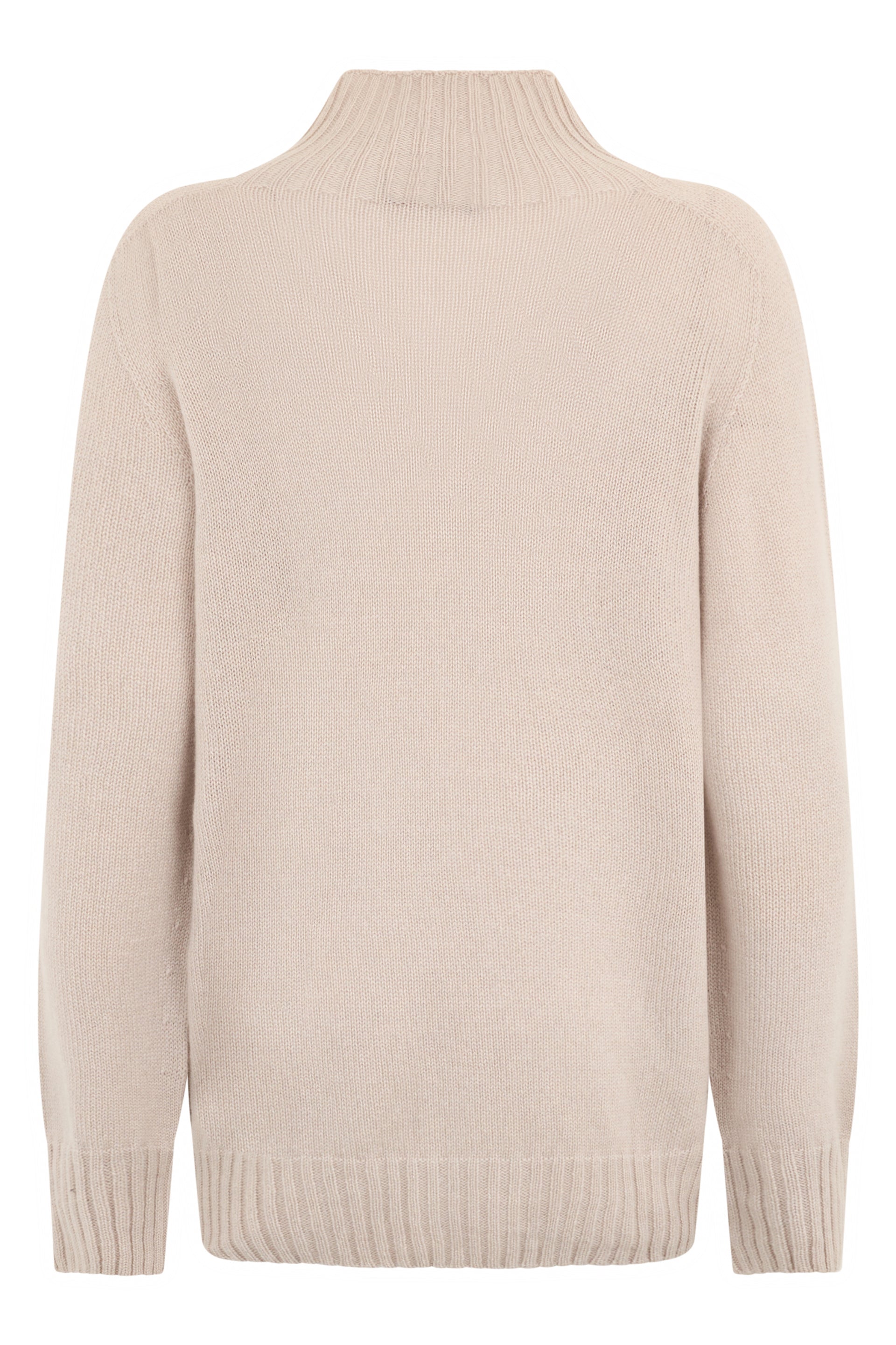 Elegant sand-colored sweater with high collar.