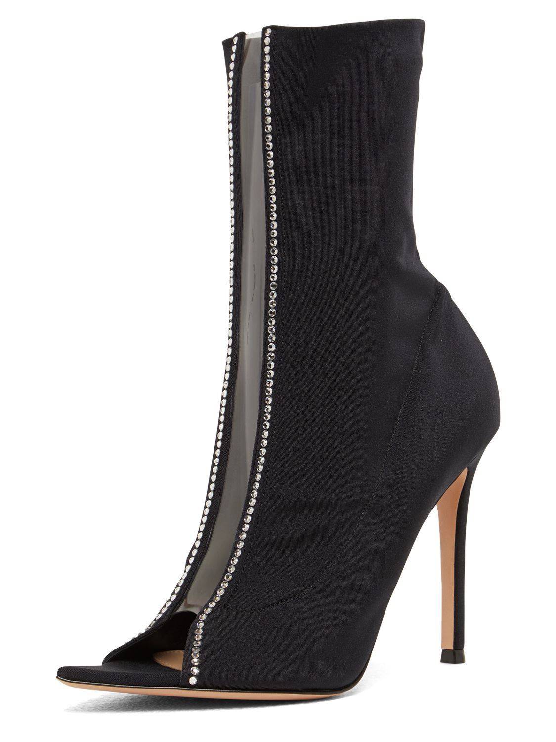 Open toe heels in satin with crystals