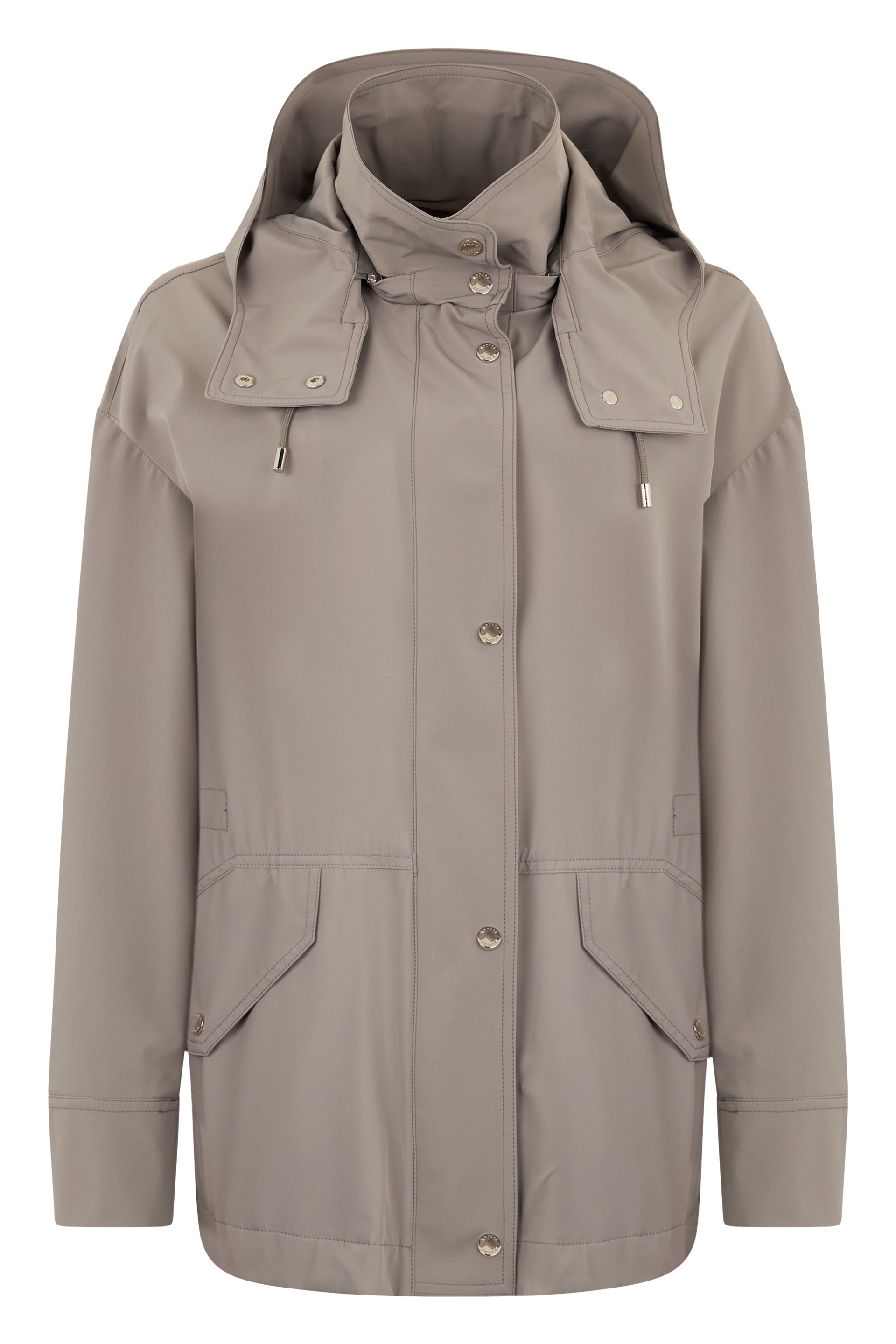 Light jacket in mud color with hood and pockets.