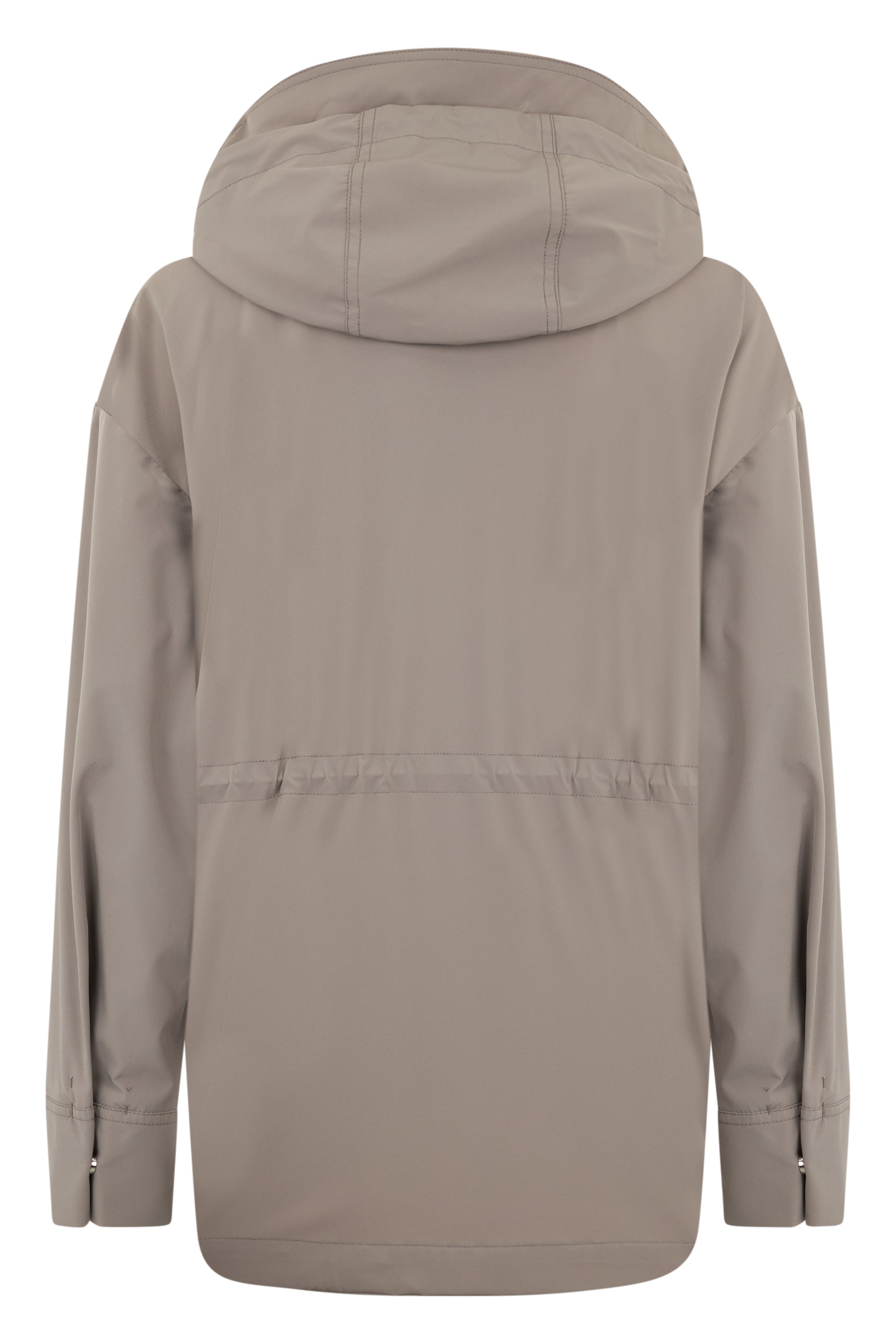 Light jacket in mud color with hood and pockets.