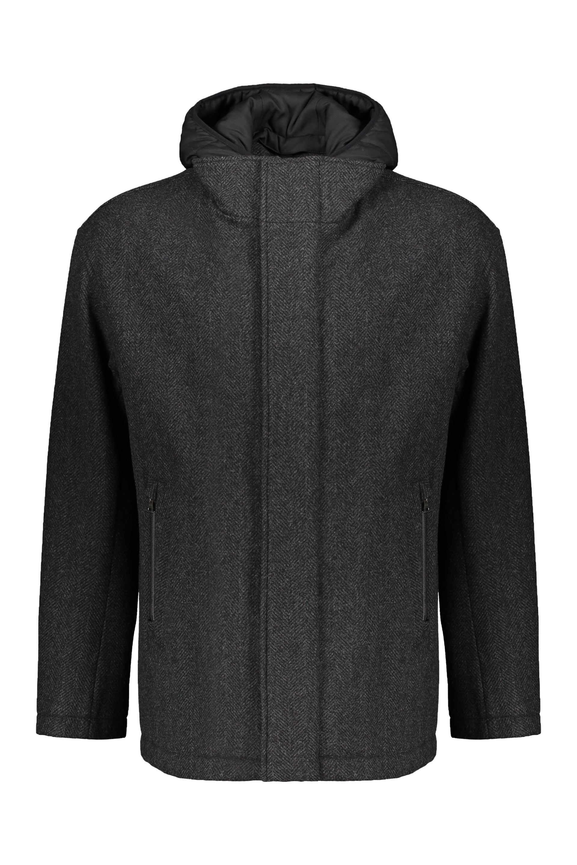 Minimalist virgin wool jacket with high collar