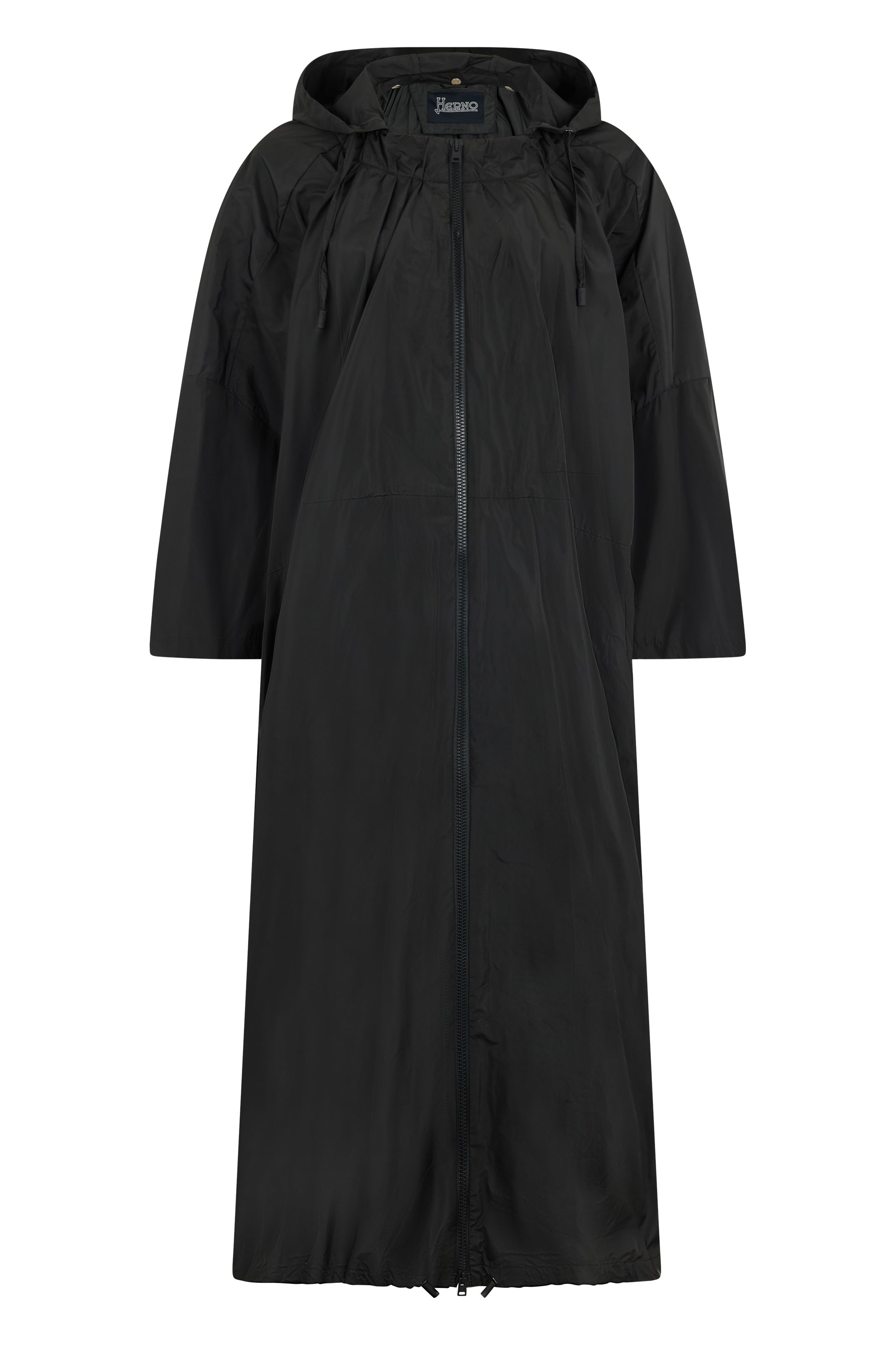 Long black jacket with hood and long sleeves
