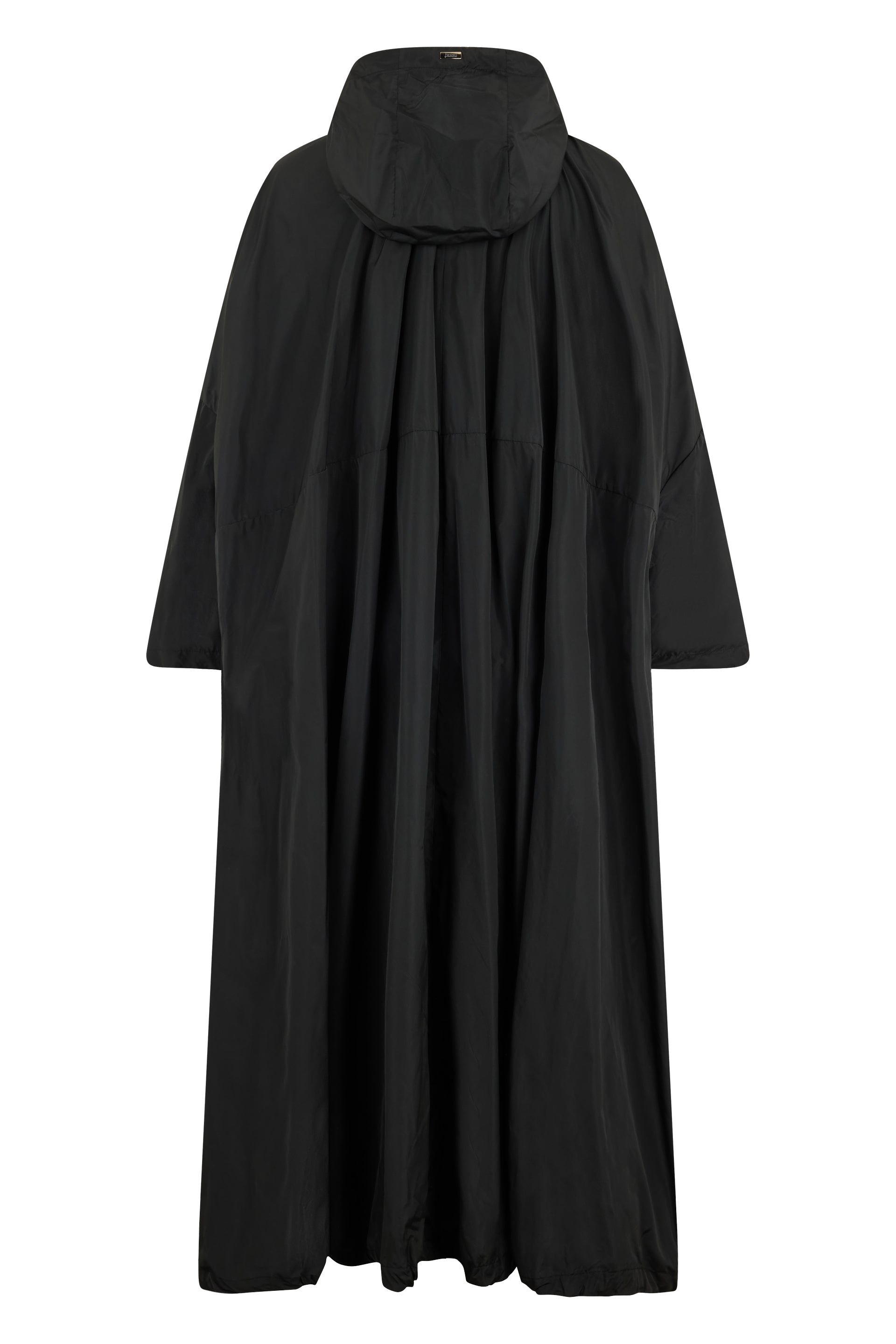 Long black jacket with hood and long sleeves