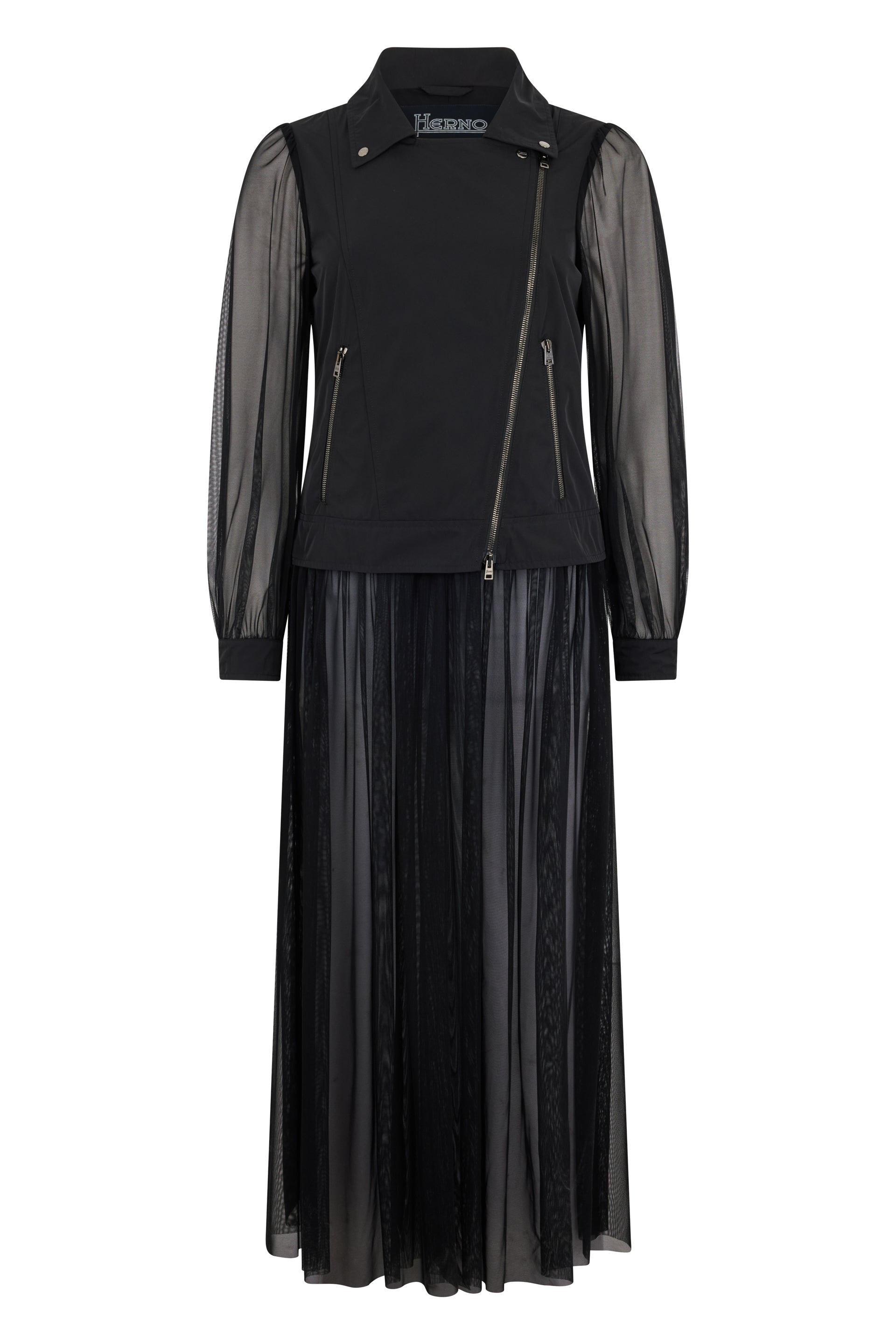Elegant long black jacket with transparent sleeves