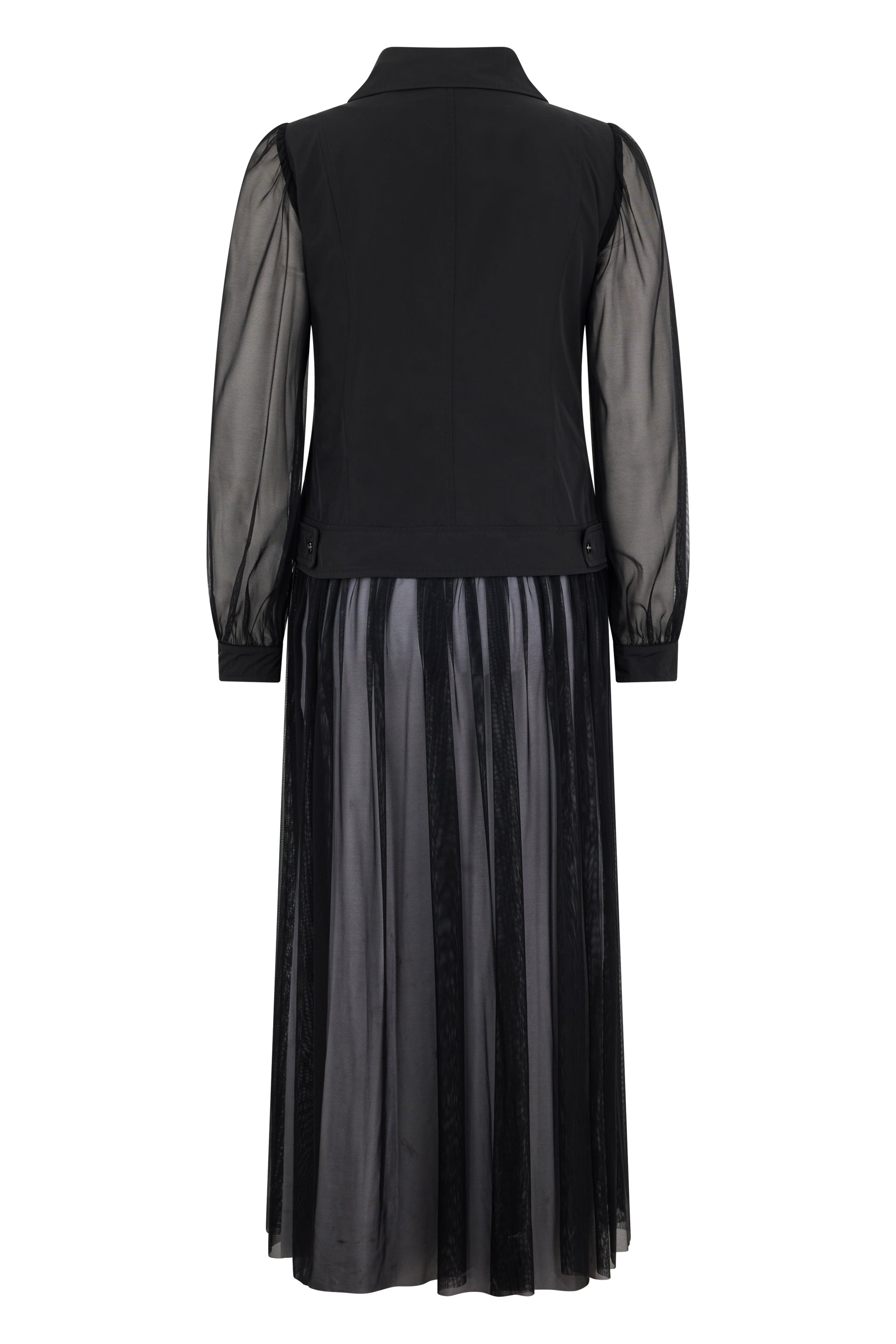 Elegant long black jacket with transparent sleeves