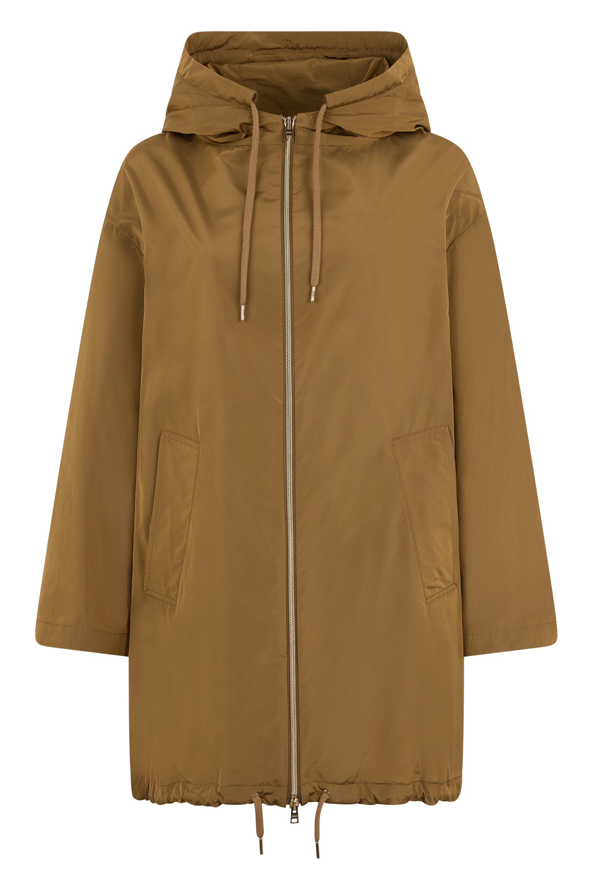 Light brown jacket with belt and adjustable hood