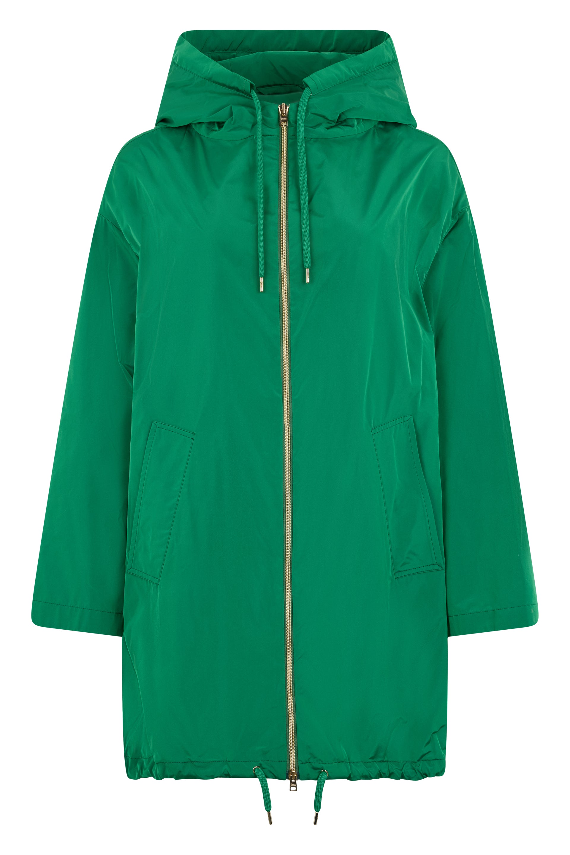 Bright green jacket with adjustable hood