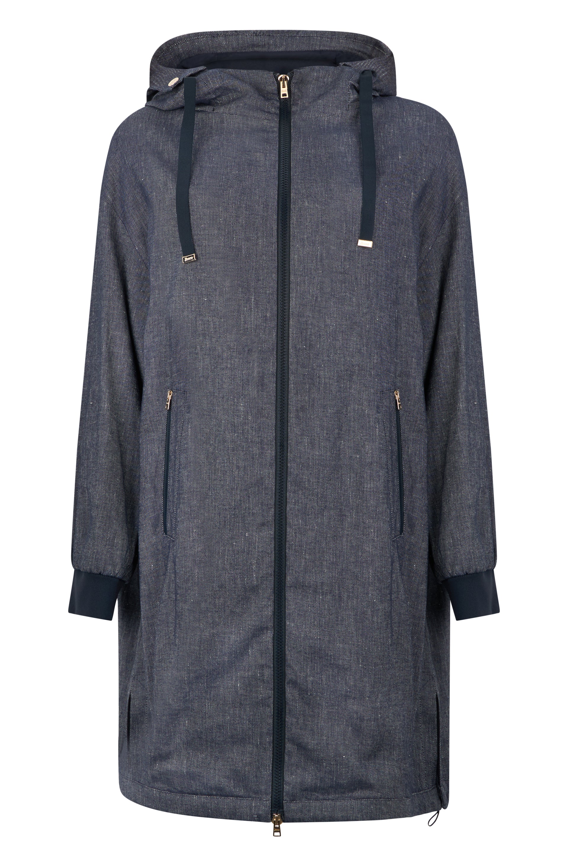 Long blue jacket with a large hood