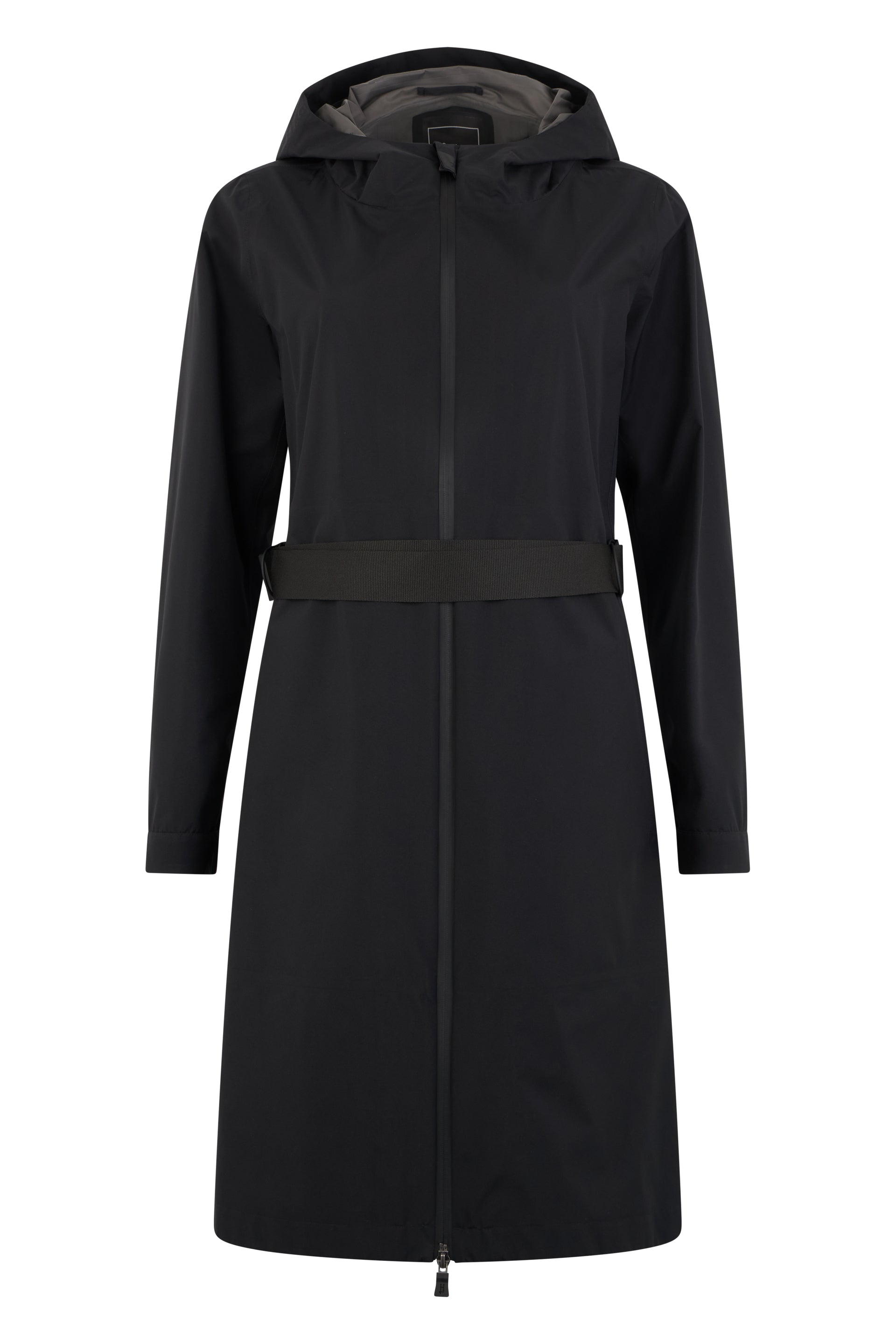 Long black jacket with hood and zip, elegant and versatile