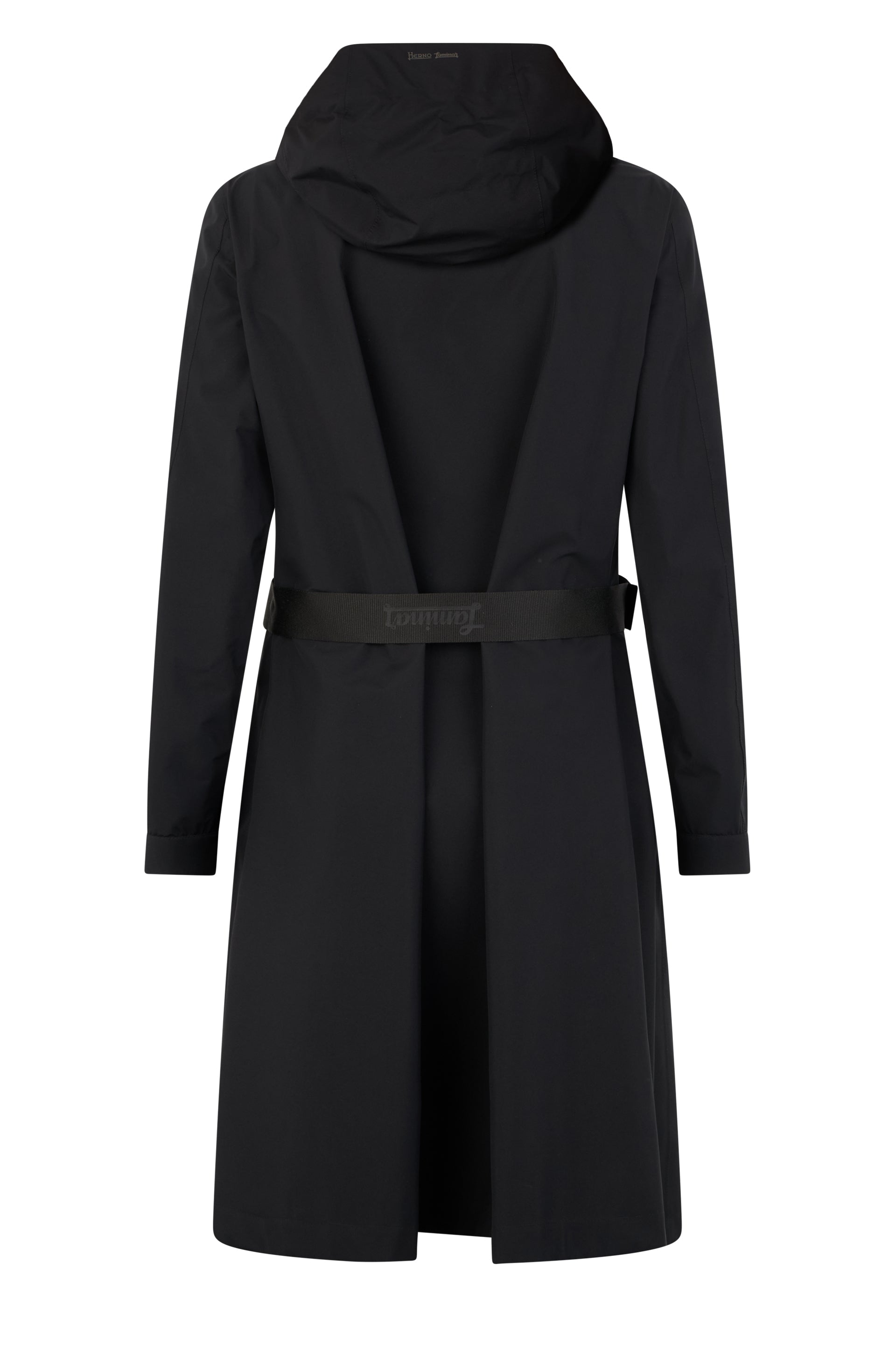 Long black jacket with hood and zip, elegant and versatile