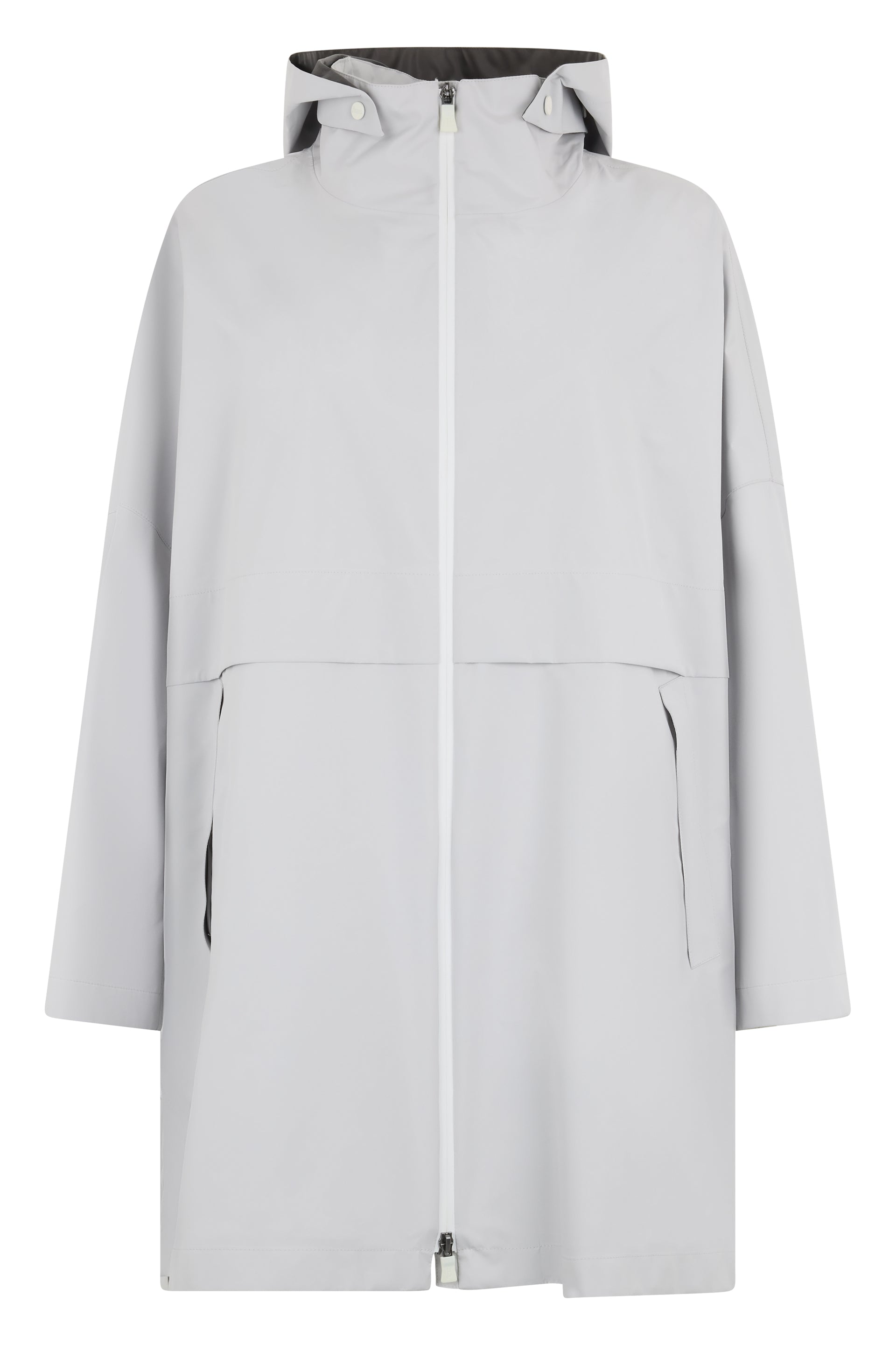 Light gray jacket with hood and zipper