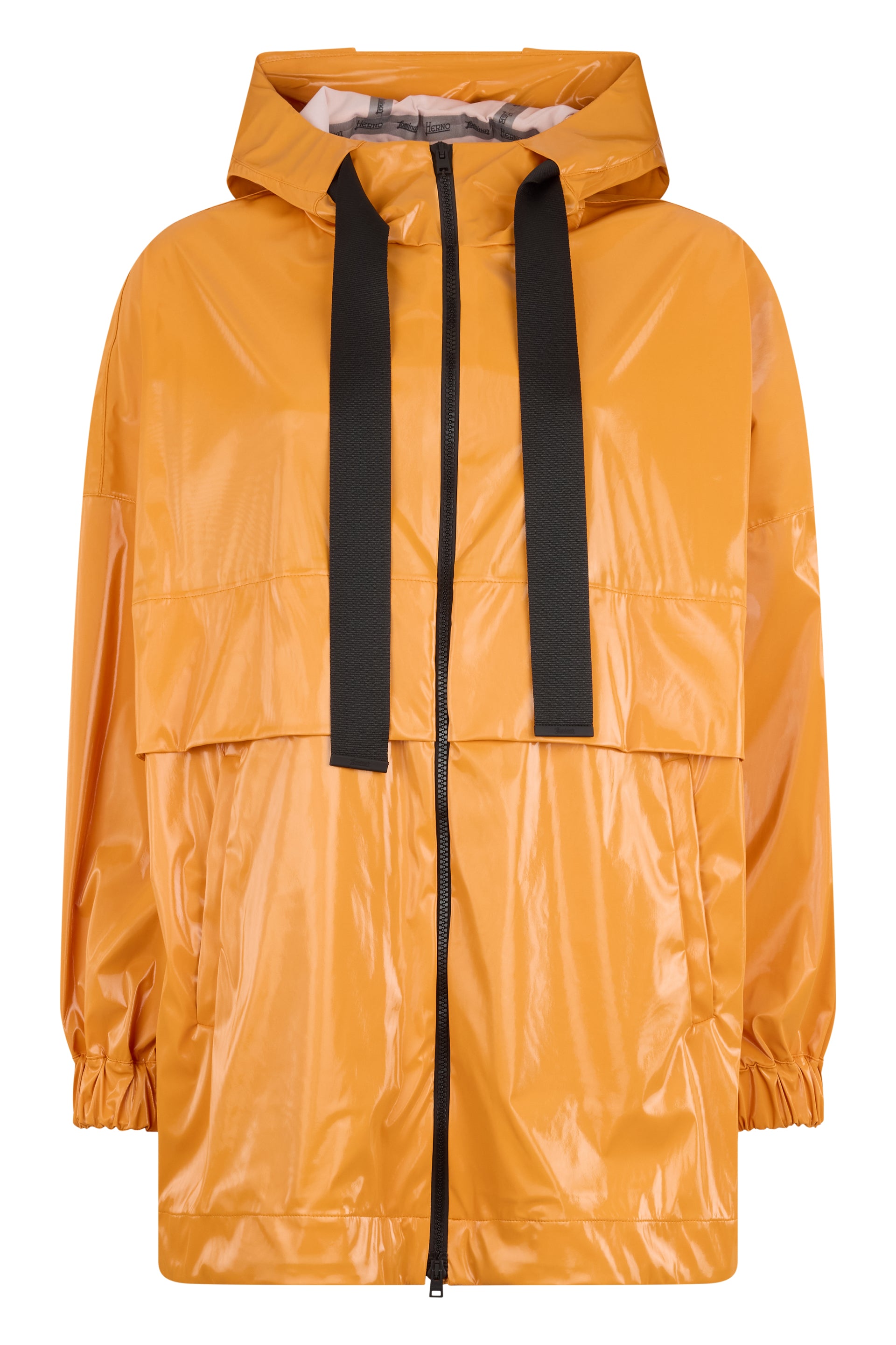 Orange waterproof jacket with hood and pockets