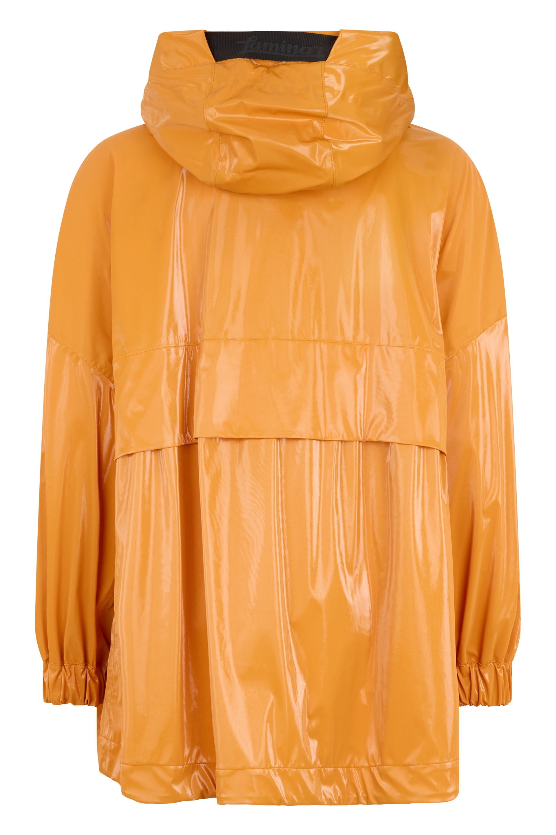 Orange waterproof jacket with hood and pockets