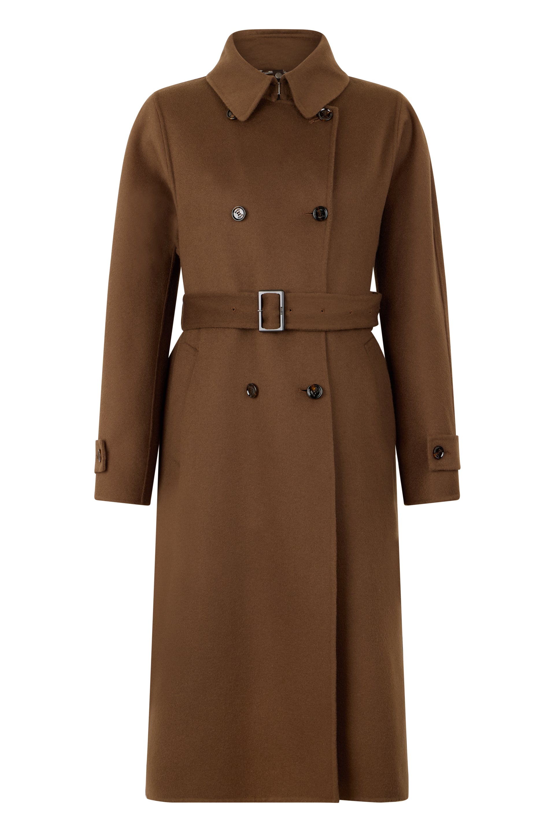 Long double-breasted coat with adjustable belt