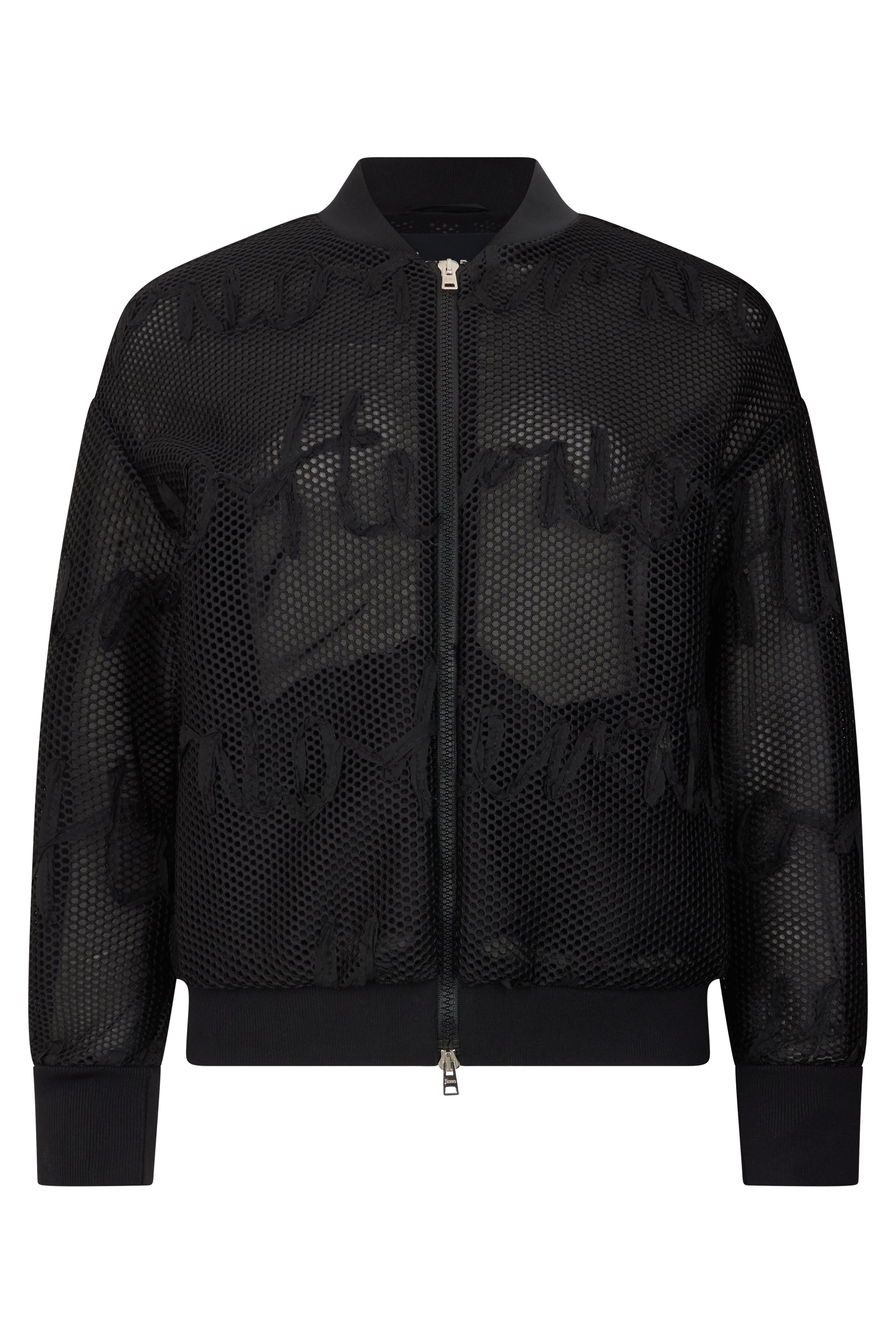 Black perforated bomber jacket with zip and long sleeves