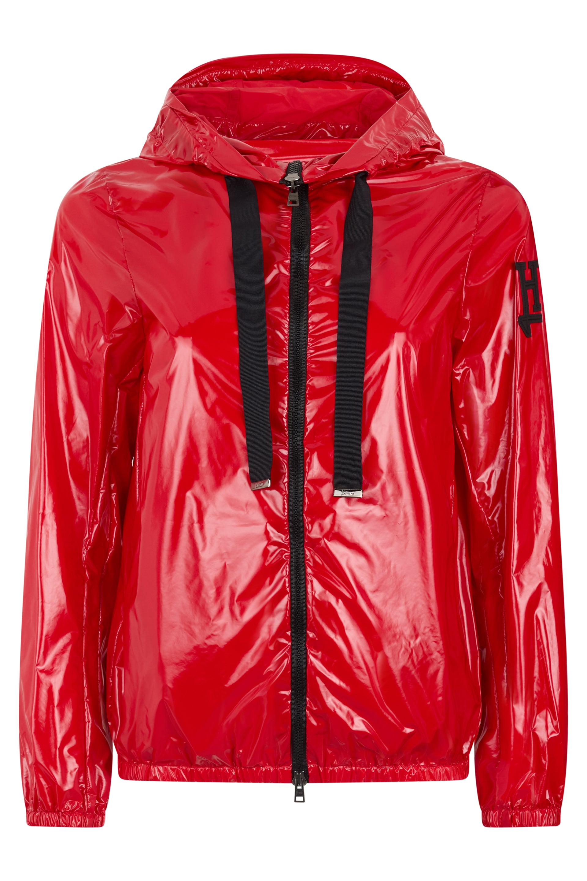 Modern red windbreaker with hood