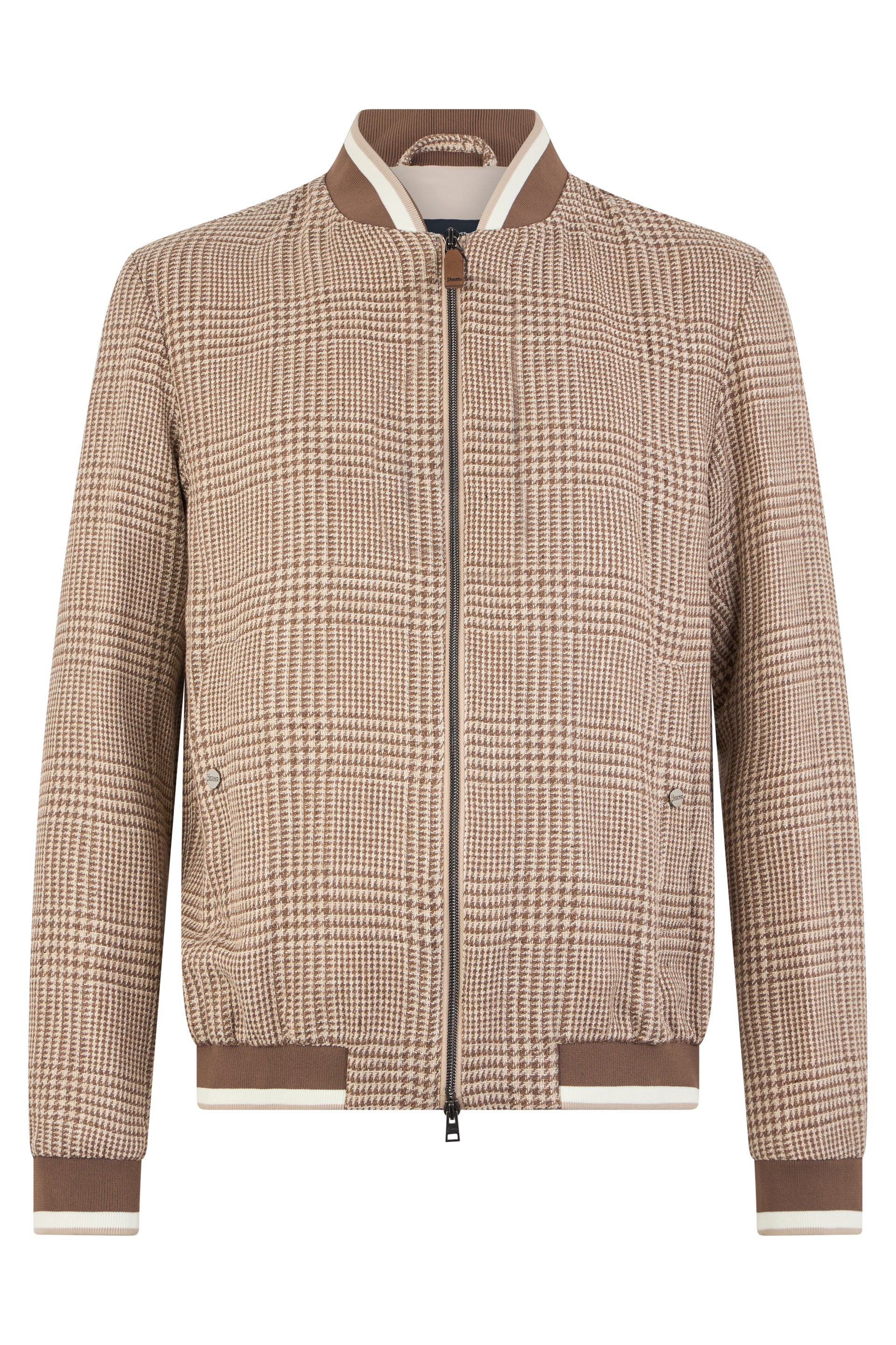 Light beige jacket with zipper and checkered pattern on white background