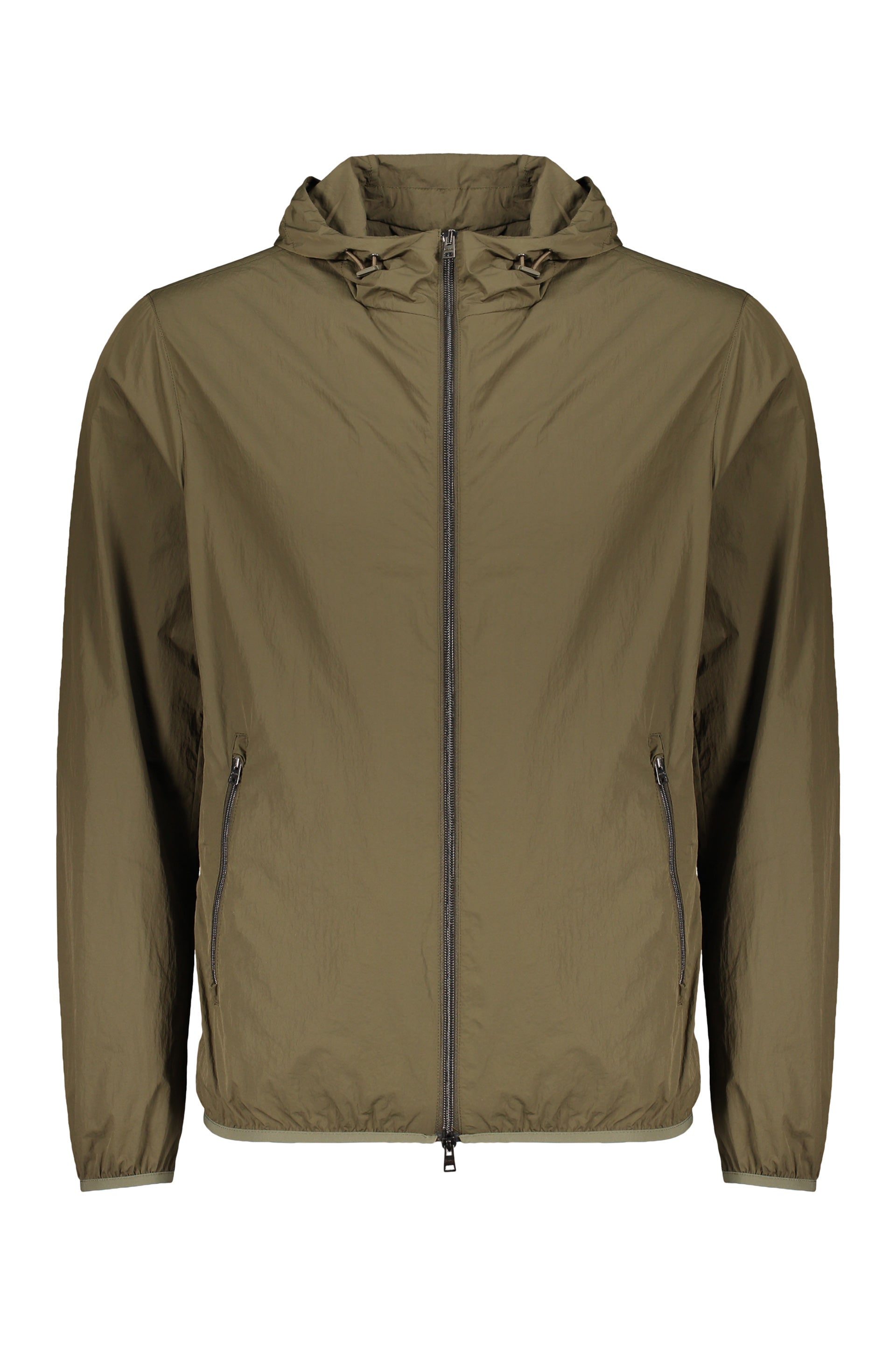 Light jacket with olive green hood