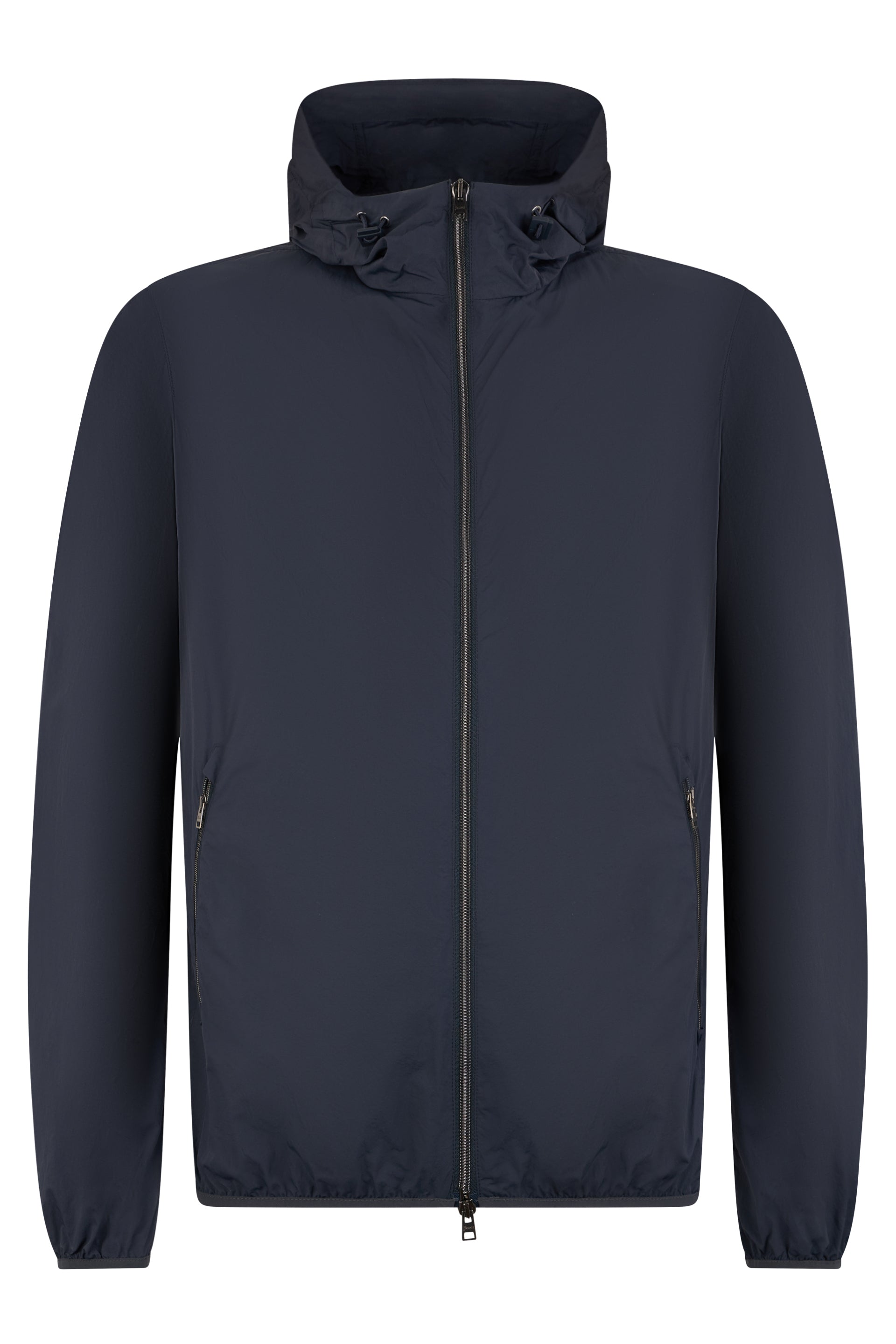 Windbreaker with dark blue hood, practical and comfortable