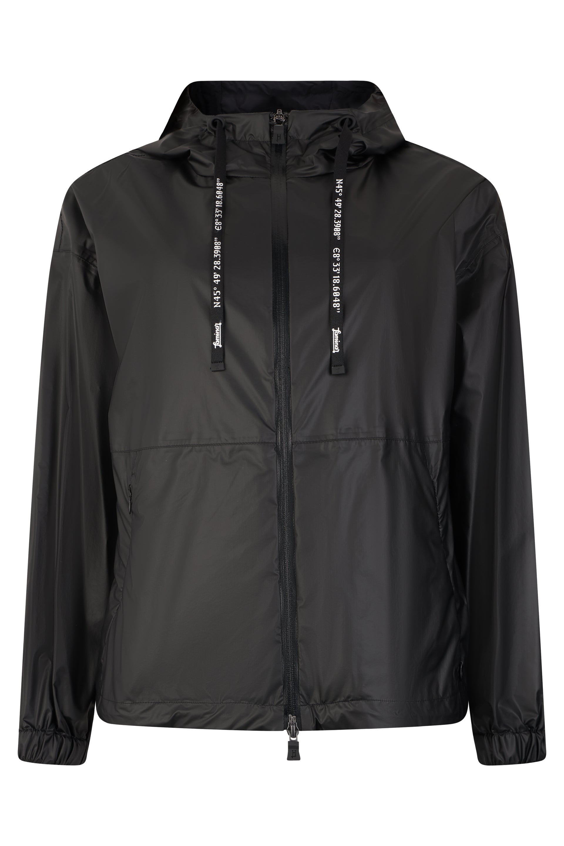 Black windbreaker with hood, casual and versatile design