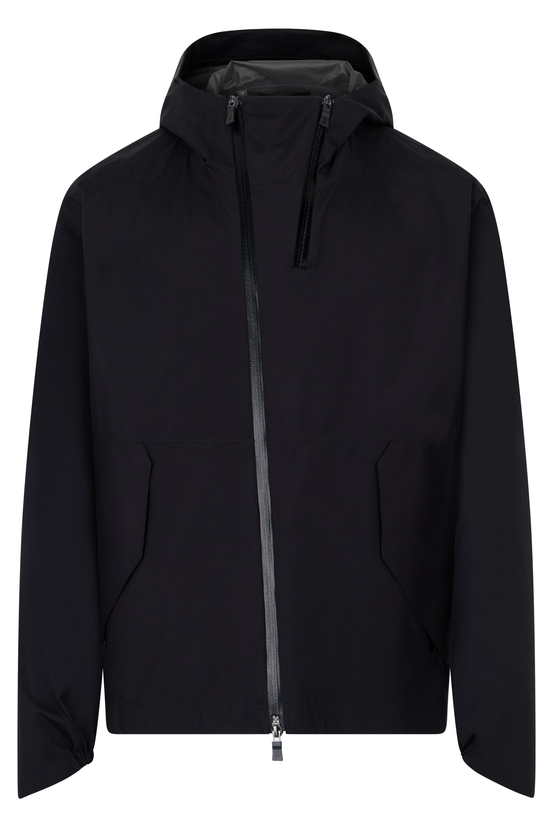 Dark blue jacket with hood, adaptable minimal style