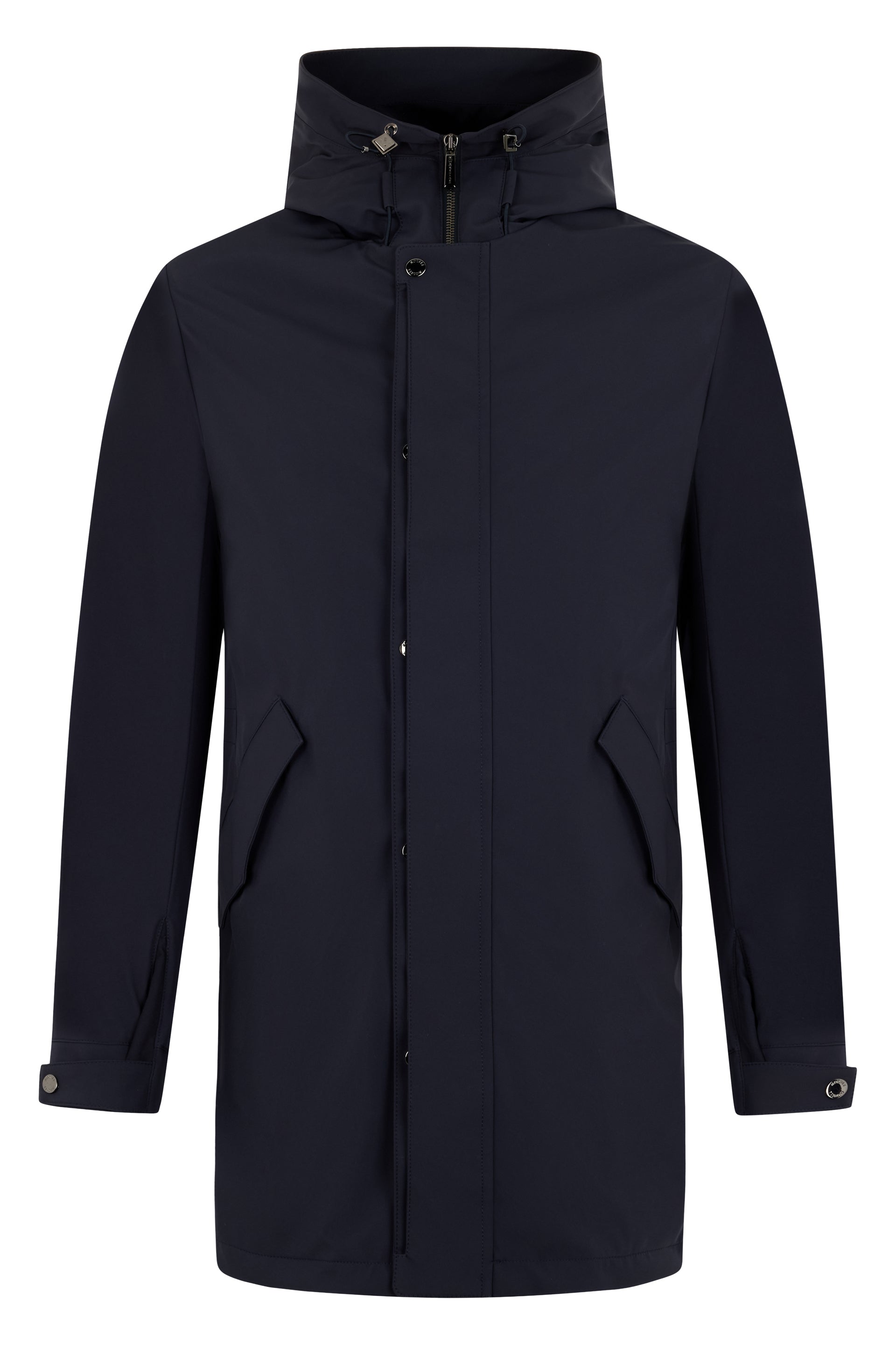Long dark blue coat with hood