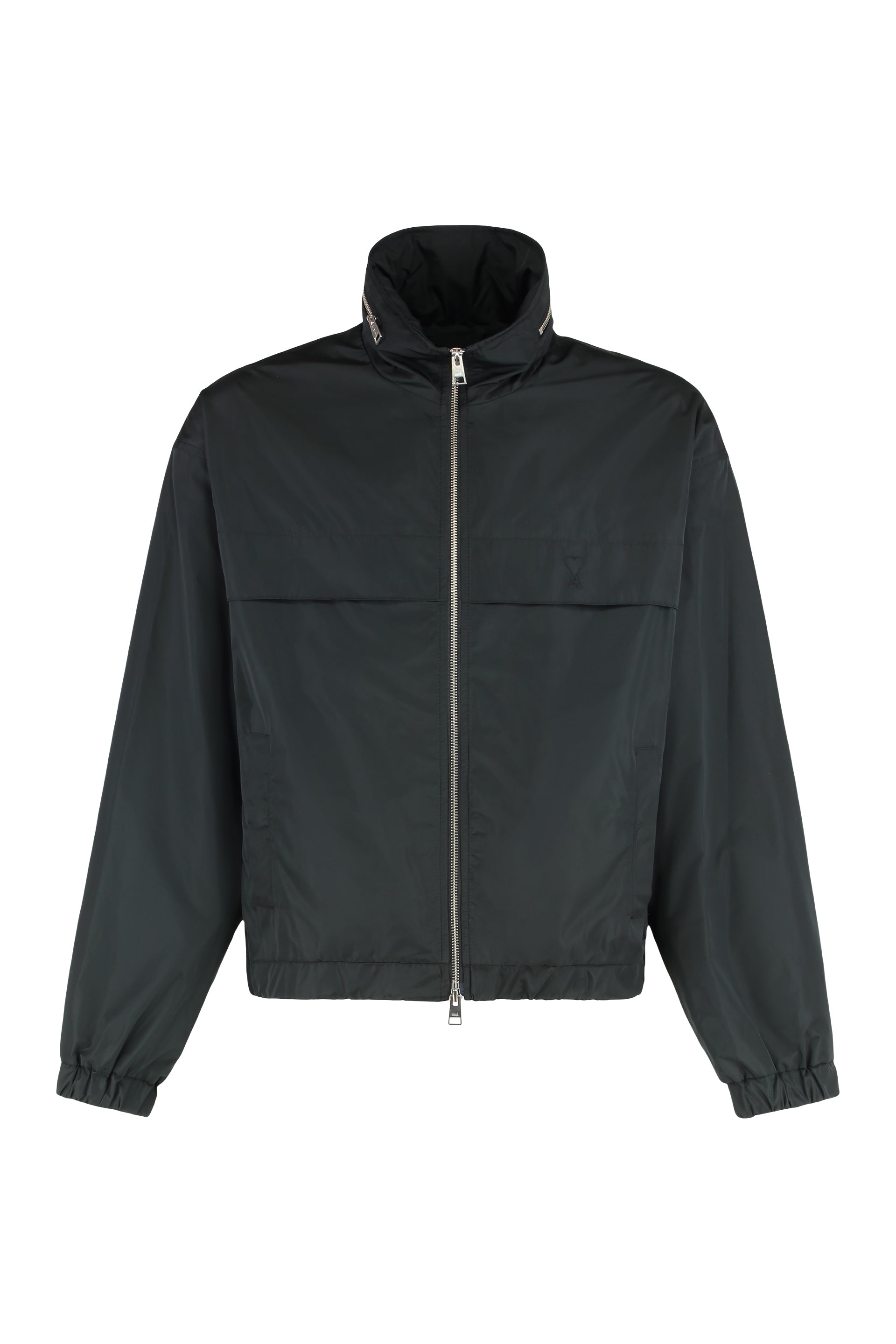 Technical fabric jacket with zip and hood.