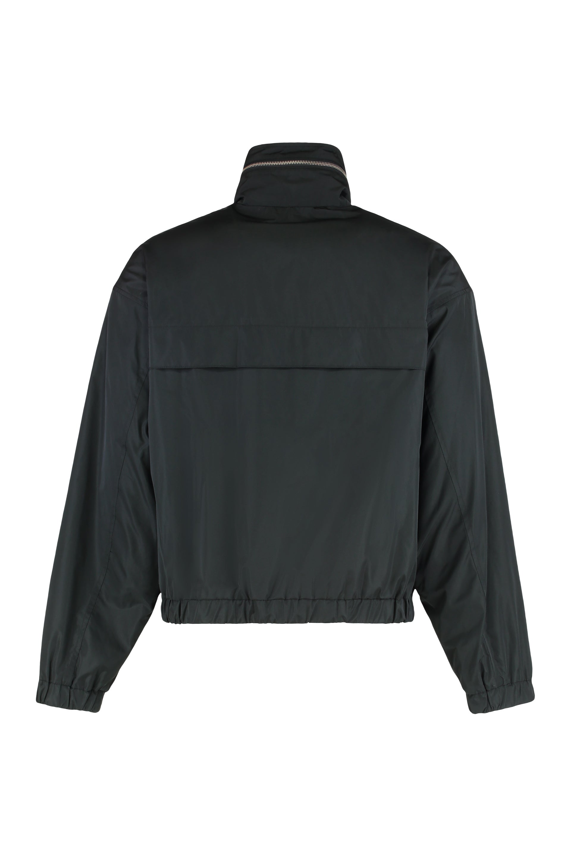 Technical fabric jacket with zip and hood.