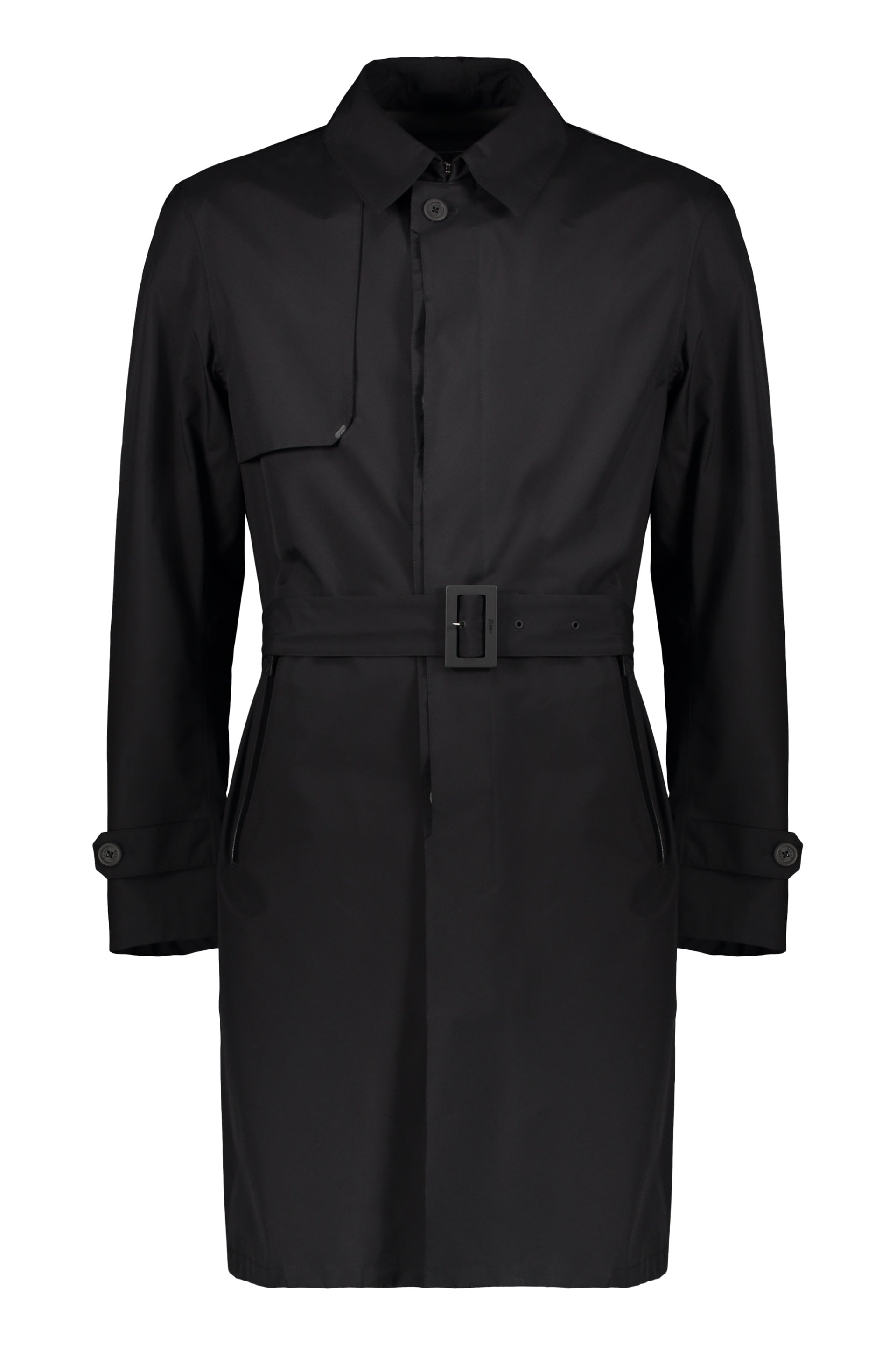 Elegant black trench coat with adjustable belt