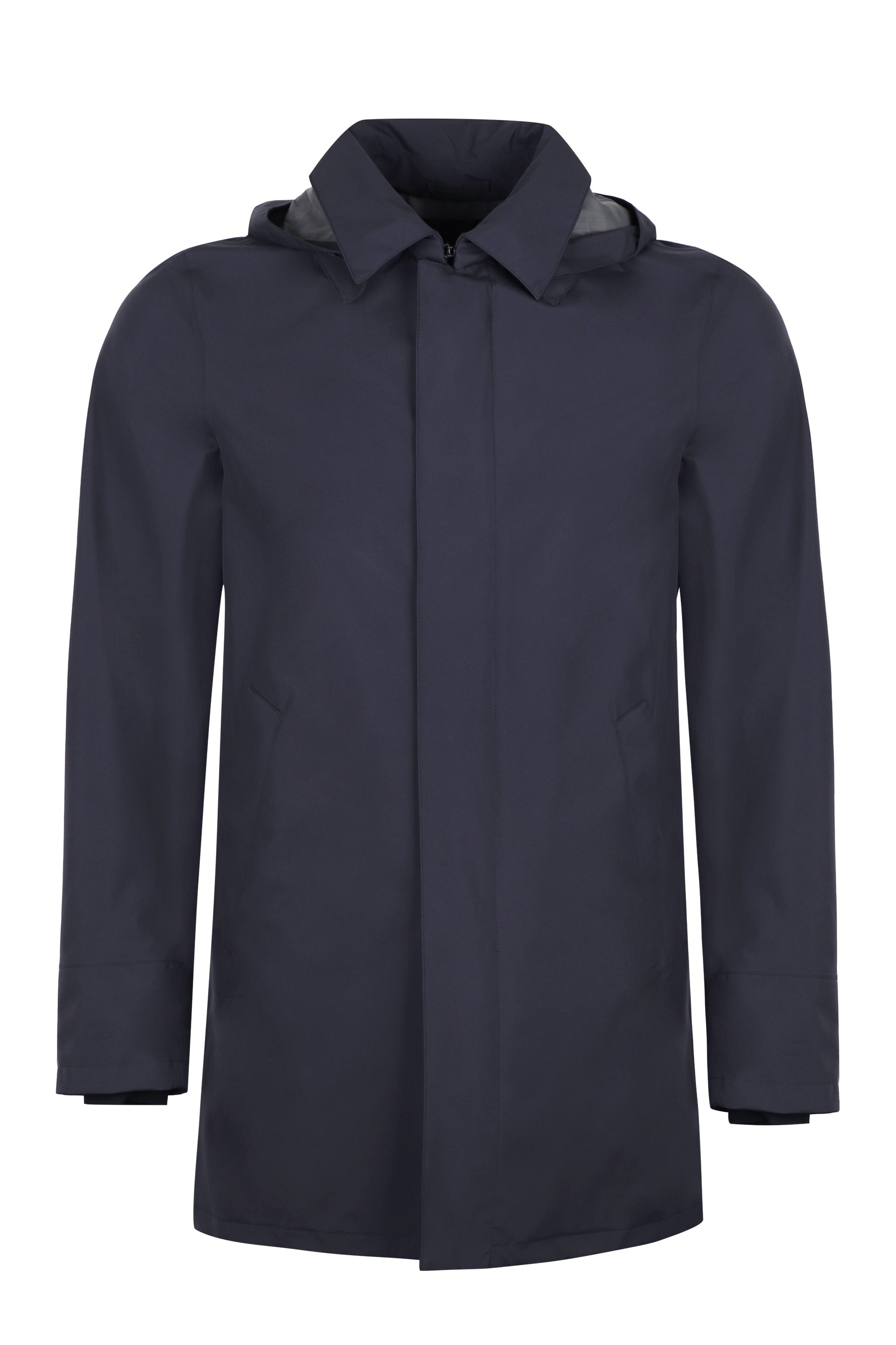 Hooded techno fabric raincoat