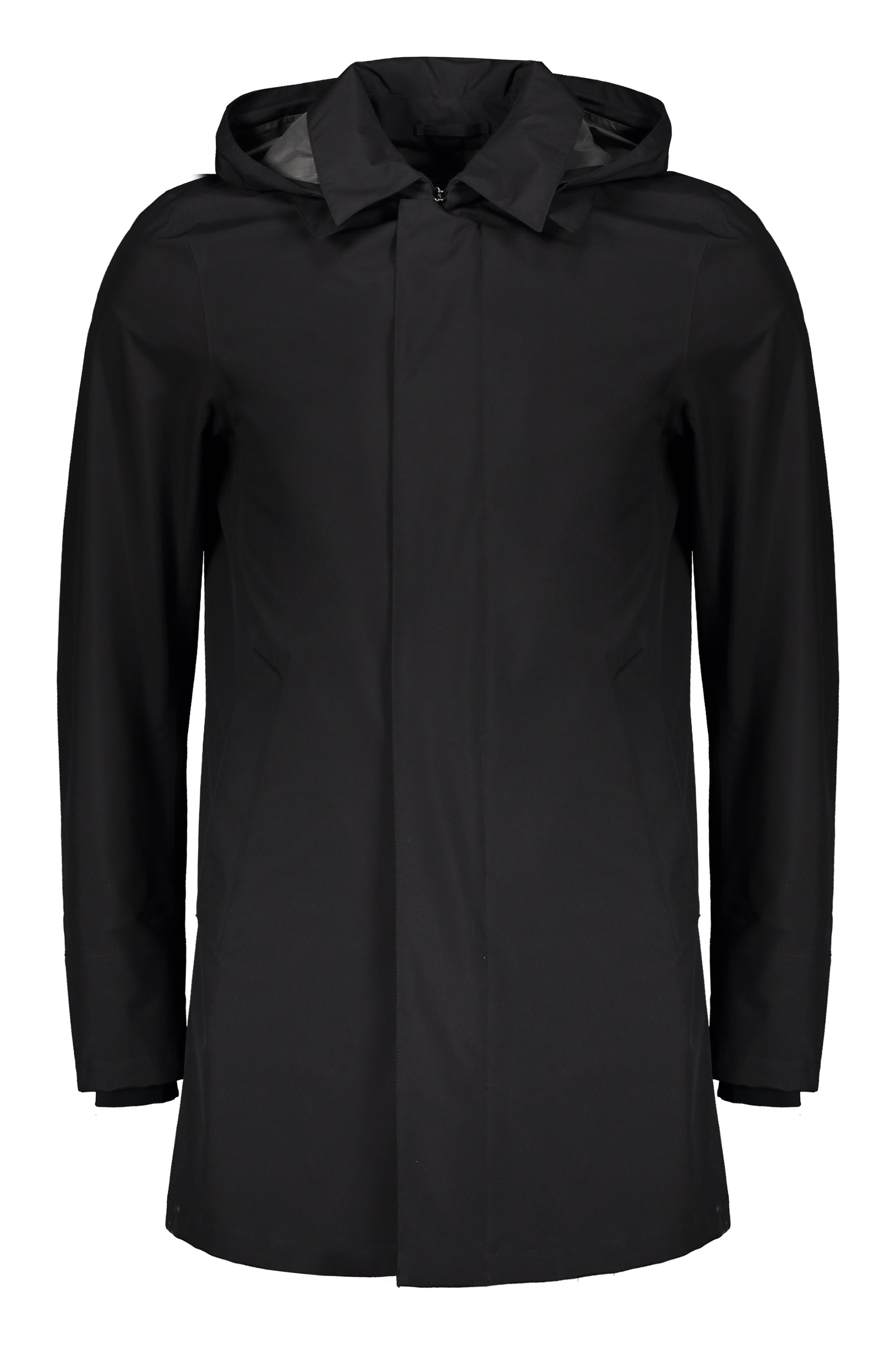 Hooded techno fabric raincoat